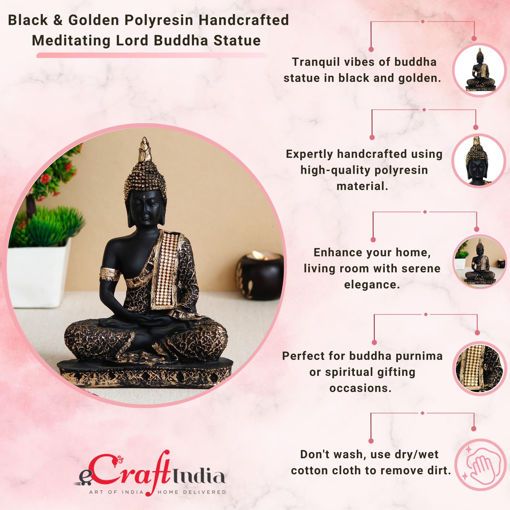 Ecraftindia Golden Black Resin Handcrafted Meditating Lord Buddha Idol For Home Decor - Gautam Buddha Statue For Living Room Off