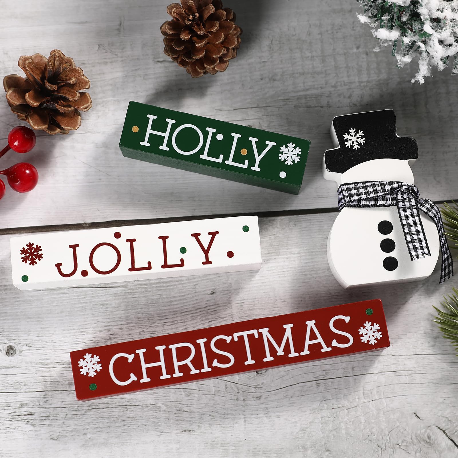 Christmas Decorations-4 PCS Wooden Block Sign-Classic Red White Green Christmas Ornaments for Home Shelf Mantel Fireplace Table