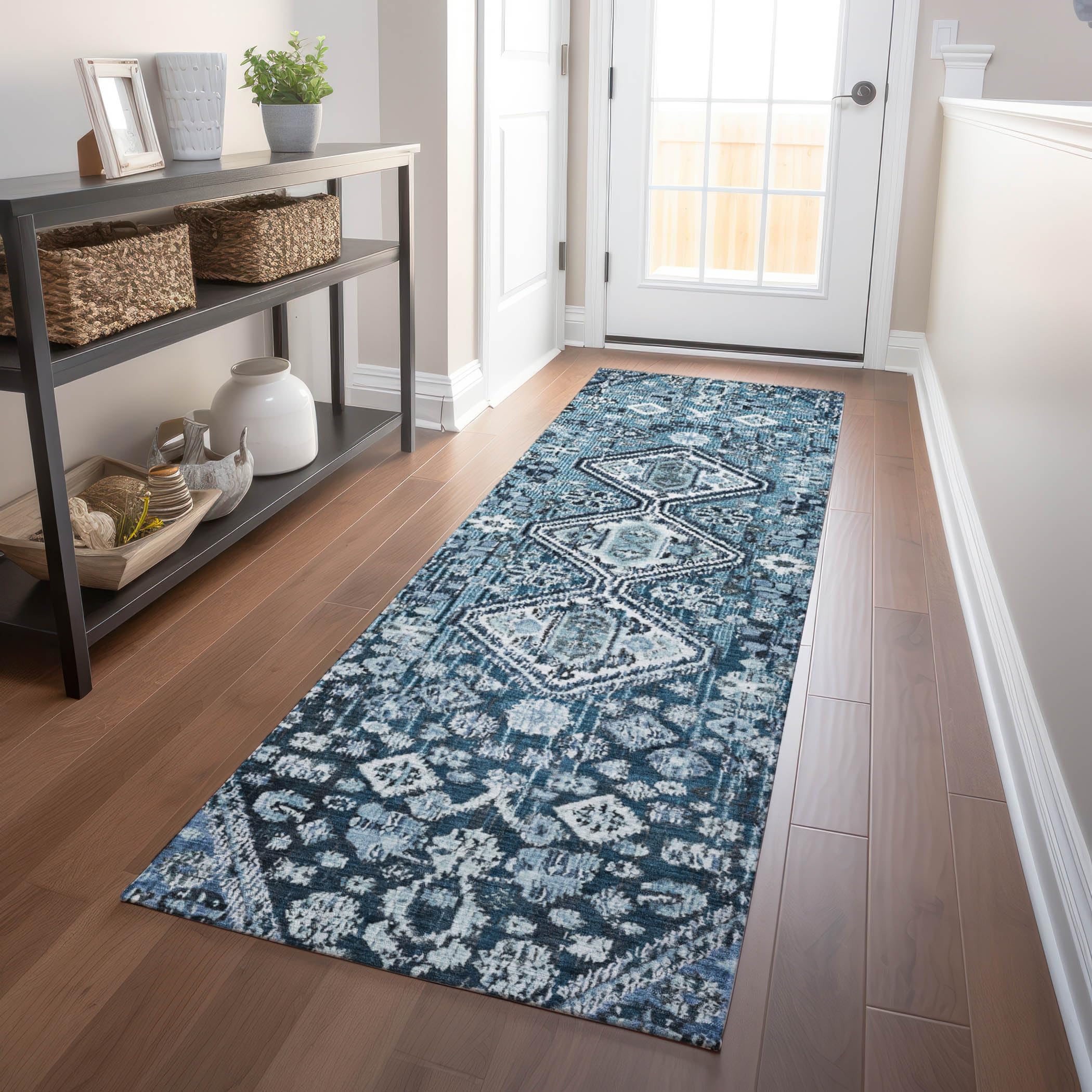 Machine Washable Indoor/Outdoor Chantille Blue 23 x 76 Runner Rug