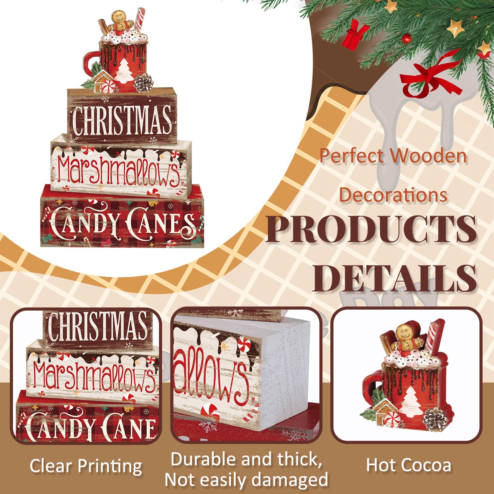 Moucuny 4 Pcs Christmas Hot Cocoa Table Decor Christmas Wooden Decorative Signage Hot Cocoa Tiered Tray Decor Xmas Centerpieces