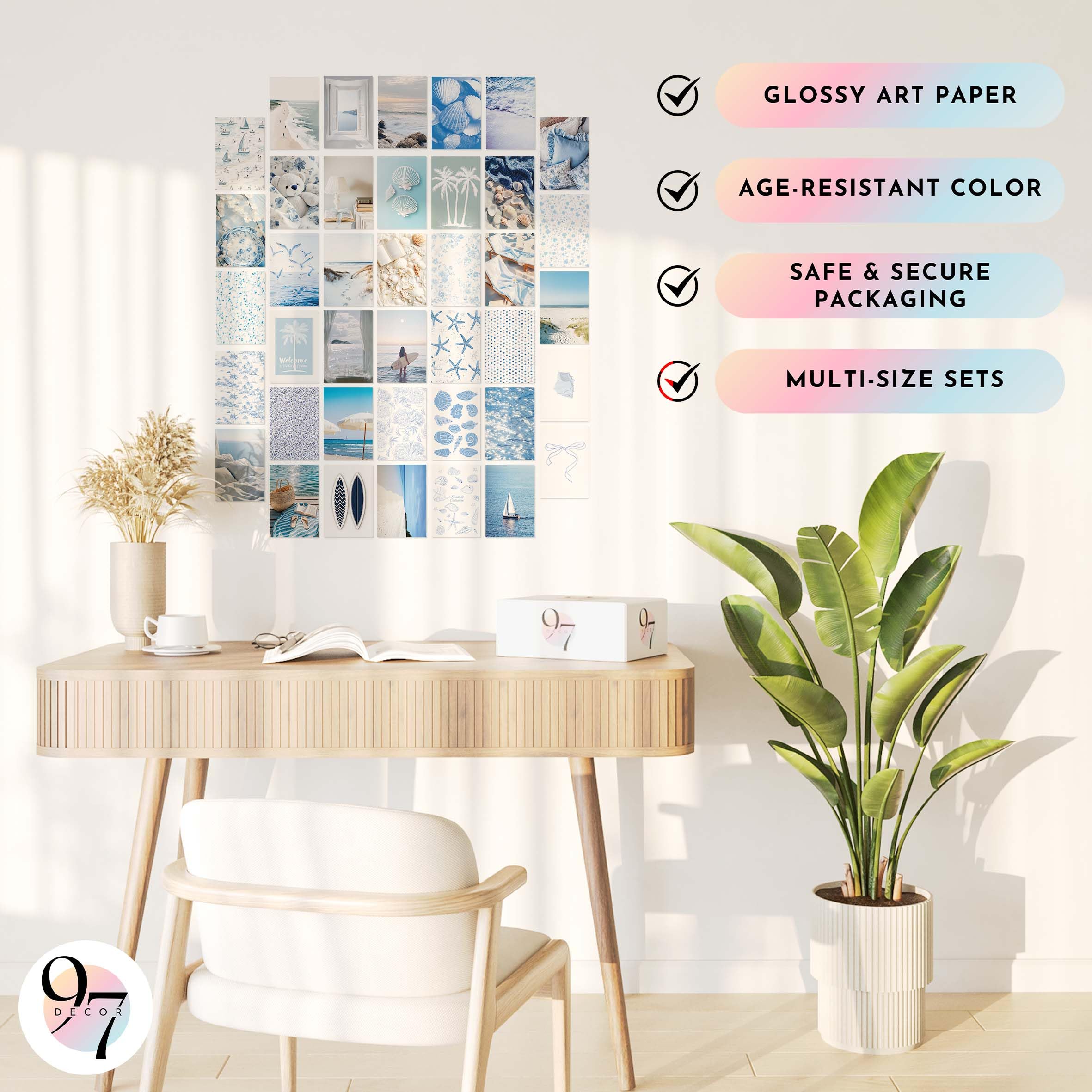 97 Decor Coastal Wall Art Decor - 40 Pcs Blue Coastal Posters For Room Aesthetic, Beachy Collage Ocean Art Prints, Coastal Cowgi
