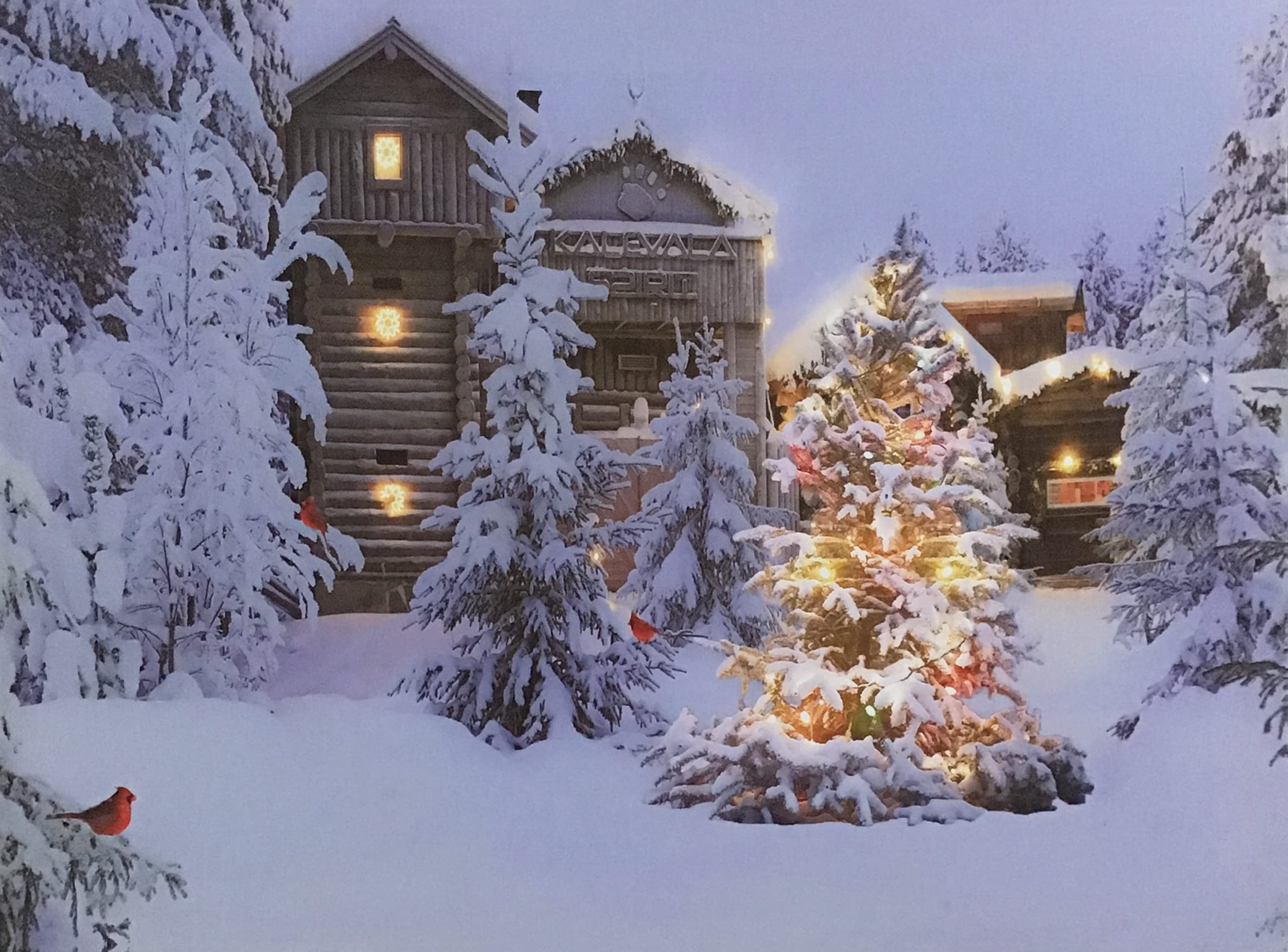 BANBERRY DESIGNS Lighted Christmas Scene in a LED Canvas Print with Cabins Cardinals and Trees - Measures 12 X 16