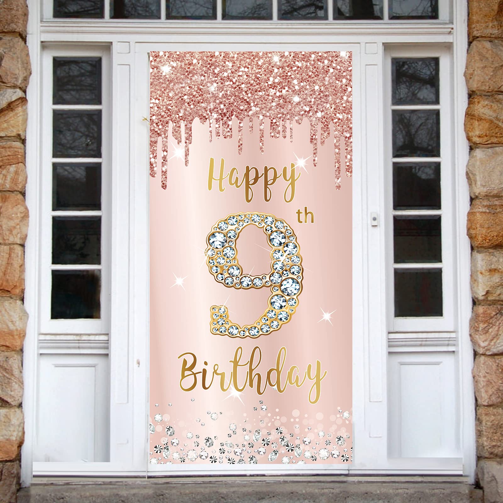 9Th Birthday Door Banner Decorations For Girls, Pink Rose Gold Happy 9Th Birthday Sign Door Cover Backdrop Party Decor, Large Ni