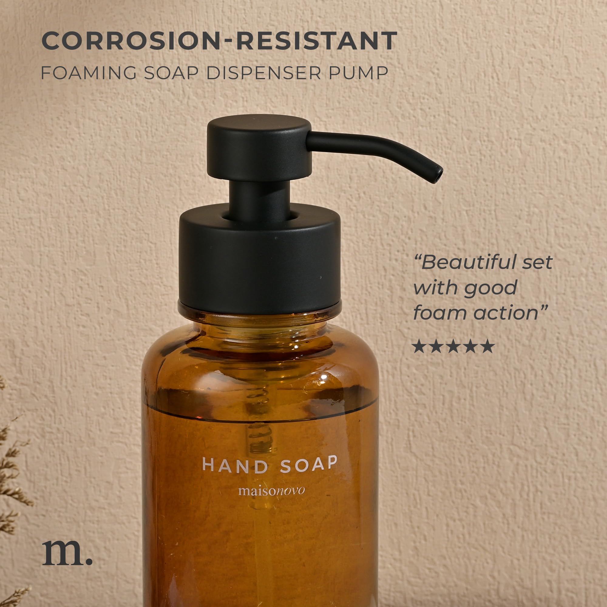 Maisonovo Glass Foaming Hand Soap Dispenser | Amber Foaming Soap Dispenser Black Pump X 1 W/Labels
