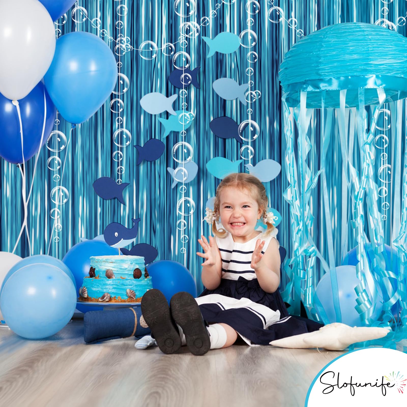 Under The Sea Party Decorations,1 Blue Fringe Backdrop 3 Bubble Garlands with Tape for Beach,Water,Pool,Ocean Themed Decor,Merma