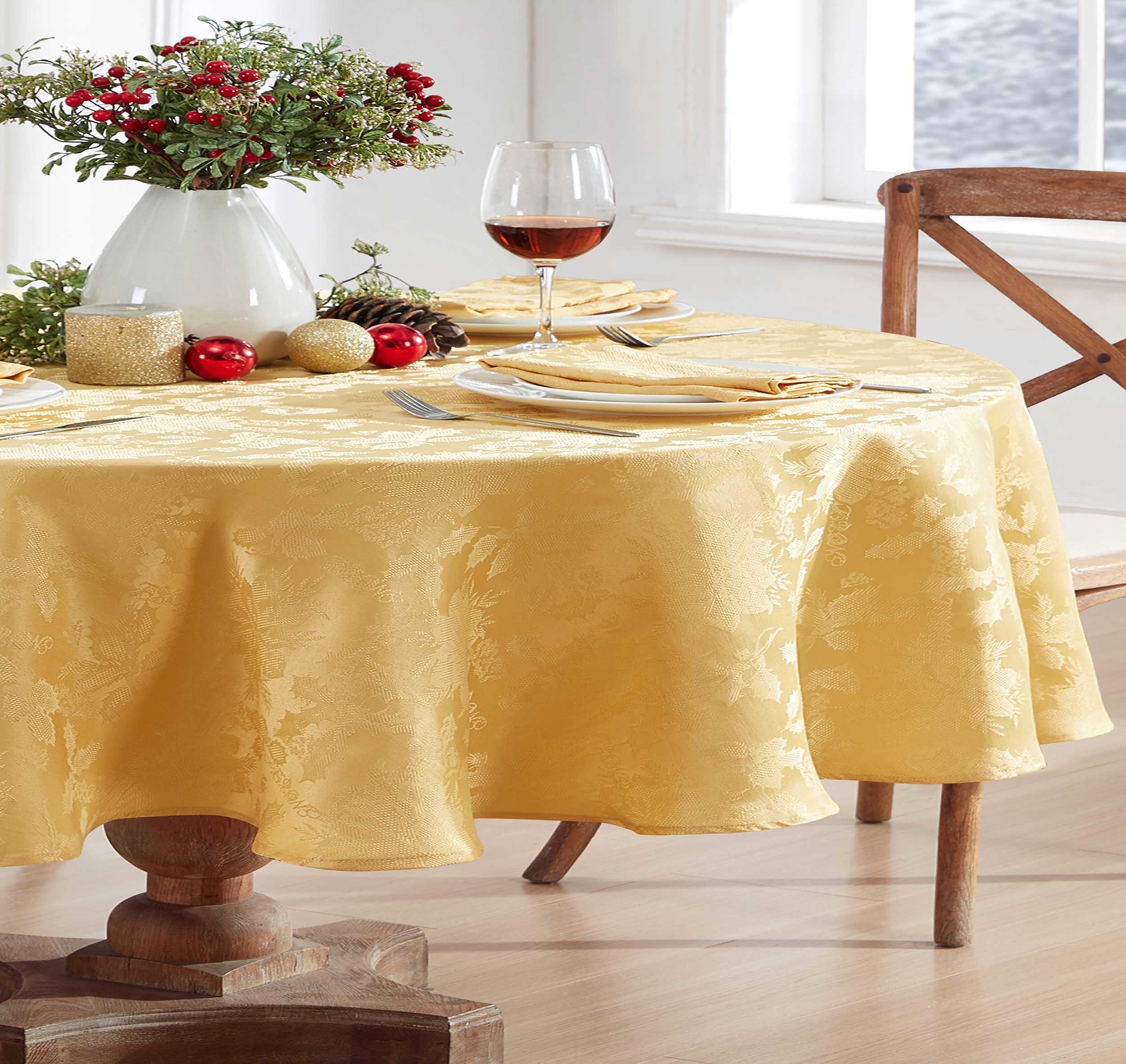 Newbridge Achristmas Carola Holiday Noel Damask Tablecloth, Holly Leaf And Poinsettia Weave Damask Soil Resistant, Wrinkle Free