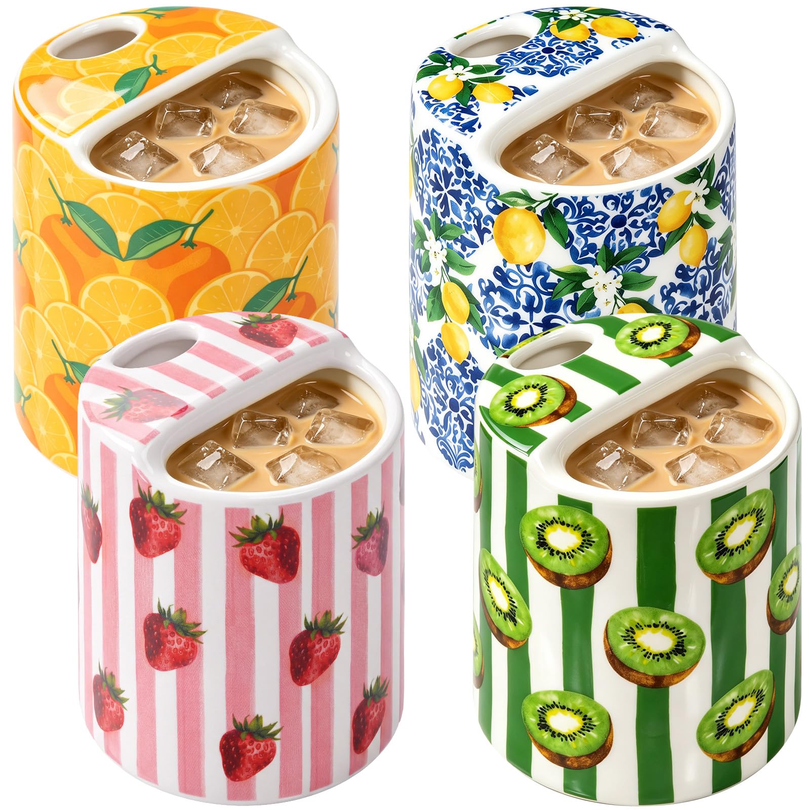 e esscopro 4 Pack Fruit Ceramic Coffee Mug with Sip Hole 10 Oz Espresso Cup with Straws Retro Hand Painted Fruit Porcelain Coffe