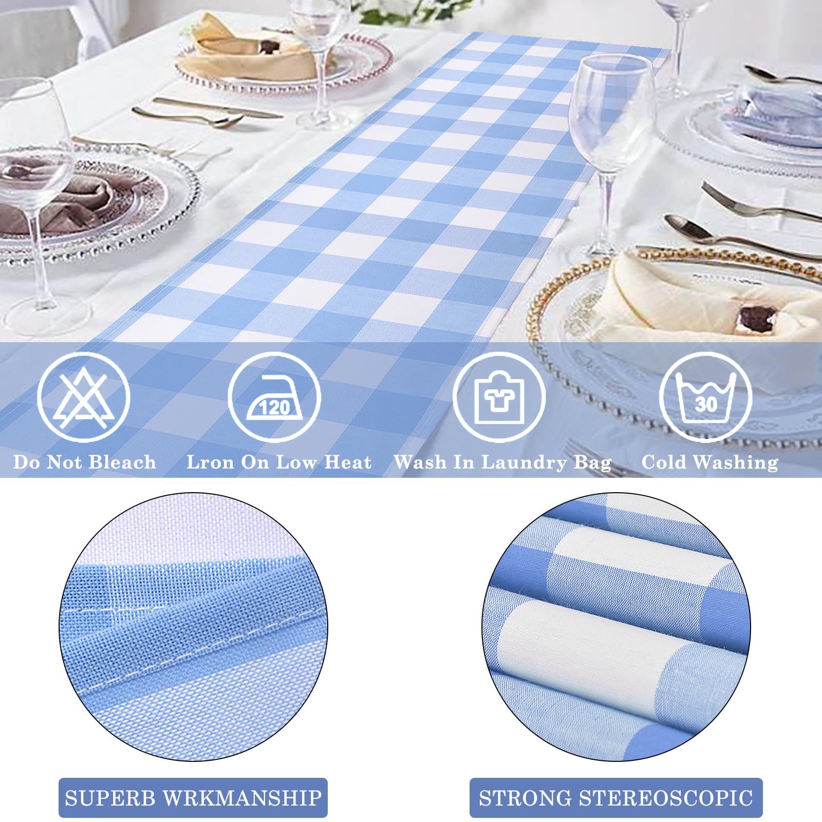 Yuboo Light Blue And White Gingham Table Runner 72 Inches Long, Buffalo Plaid Check Table Cloth Party Suppliers For Farmhouse Ru