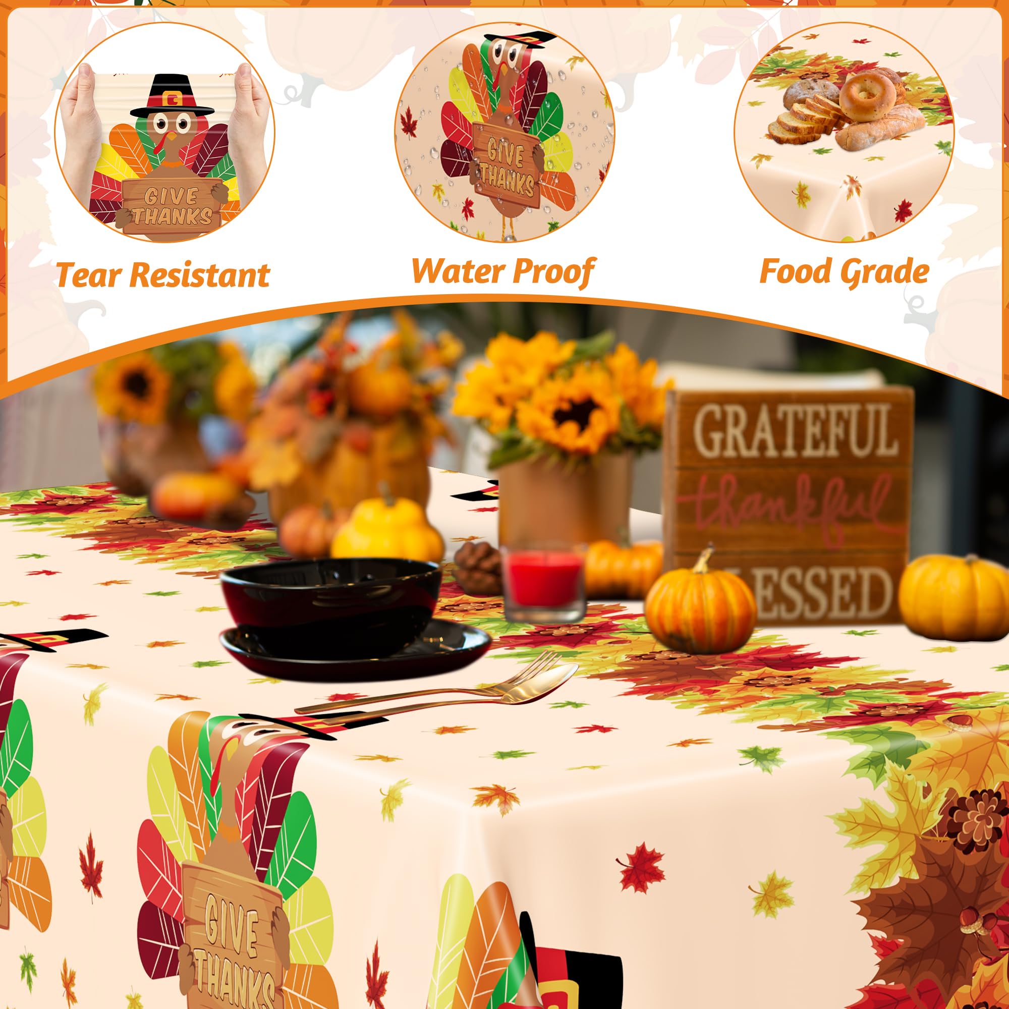 QZYL 3 Pack Thanksgiving Tablecloths, 54 x 108 Fall Disposable Table Cloth, Maple Leaves Turkey Tablecloth Rectangle Plastic Tab