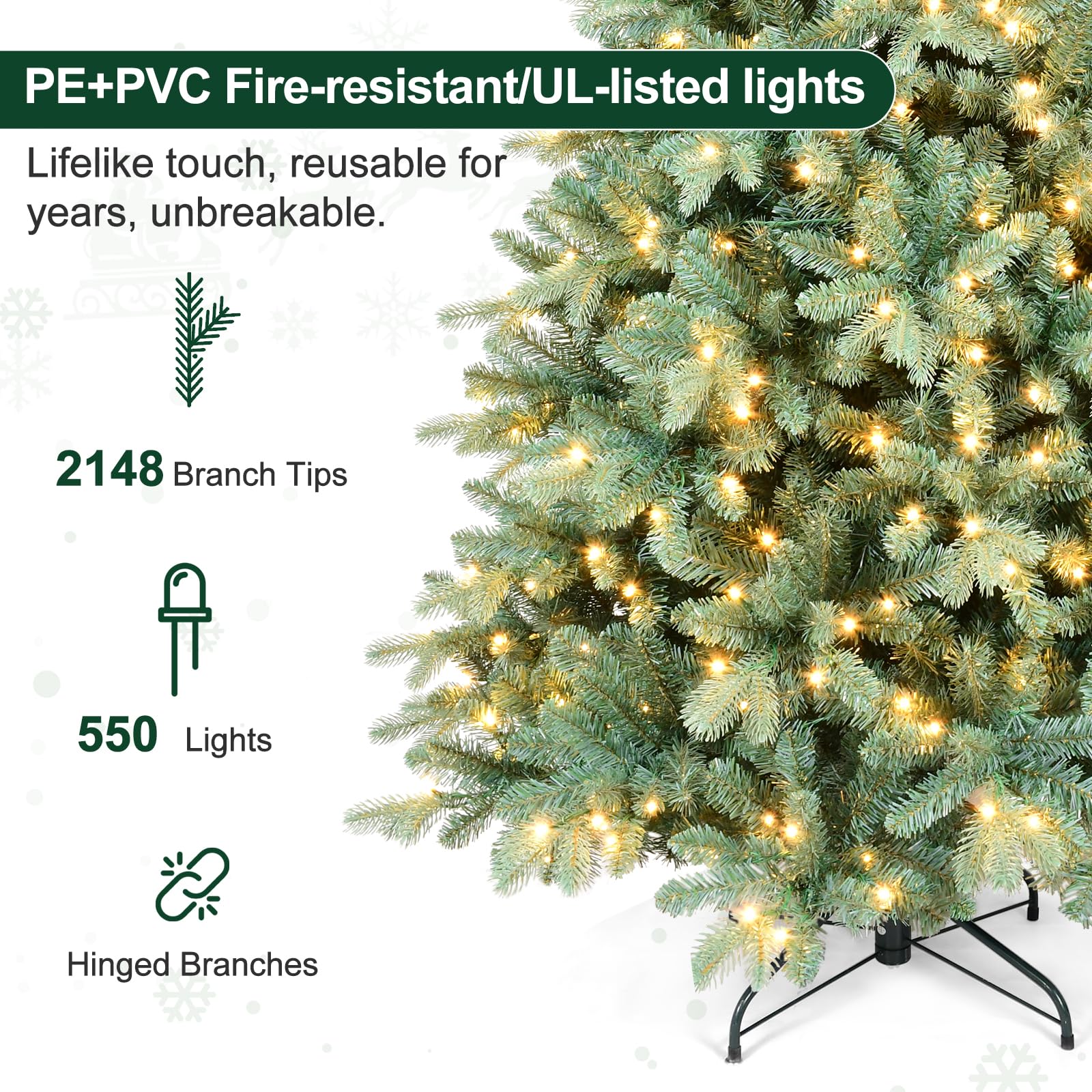 Bulexwish 7.5ft Prelit Artificial Christmas Tree, Blue Spruce Xmas Tree with Lights & Easy Setup Hinged Design, Realistic PE/PVC