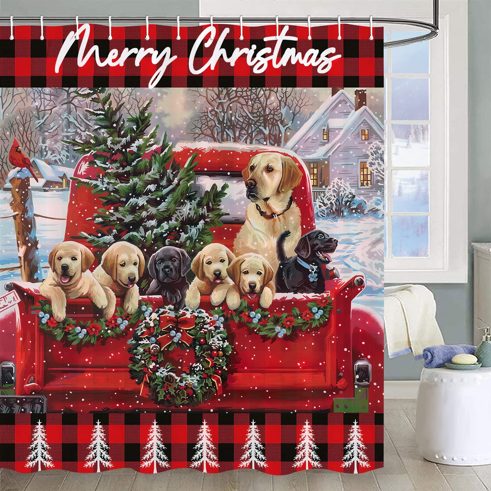 Jbralid Christmas Shower Curtain Vintage Red Truck With Xmas Tree Cute Dog Kids Shower Curtain Buffalo Check Plaid Waterproof Ba