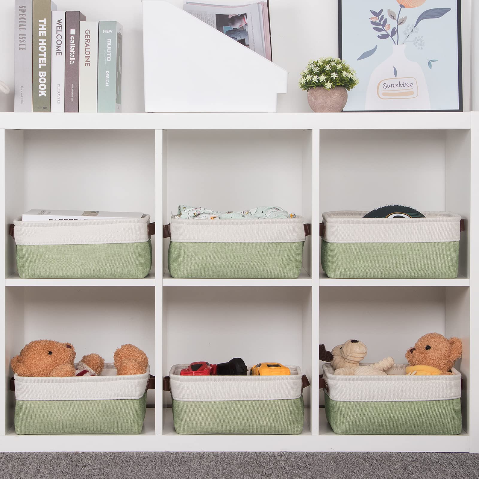 HNZIGE Collapsible Storage Baskets for Shelves(6pack) Small Fabric Bins with Handles  Linen Baskets Organizer Bins for Organizing Closet Nursery Home Shelves(White&Green  11.8'' x 7.8'' x 5.1'')