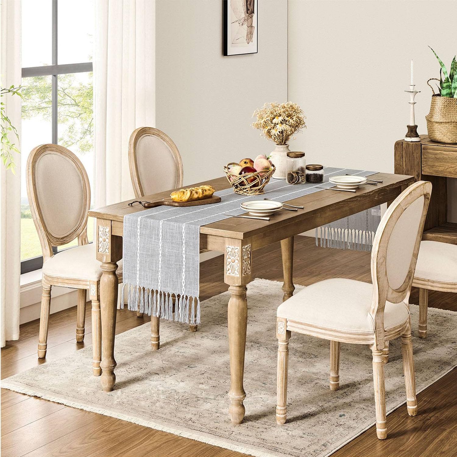 Zeemart Farmhouse Table Runner, Rustic Table Runners 108 Inches Long, Linen Boho Table Runner, Braided Striped Grey Table Runner