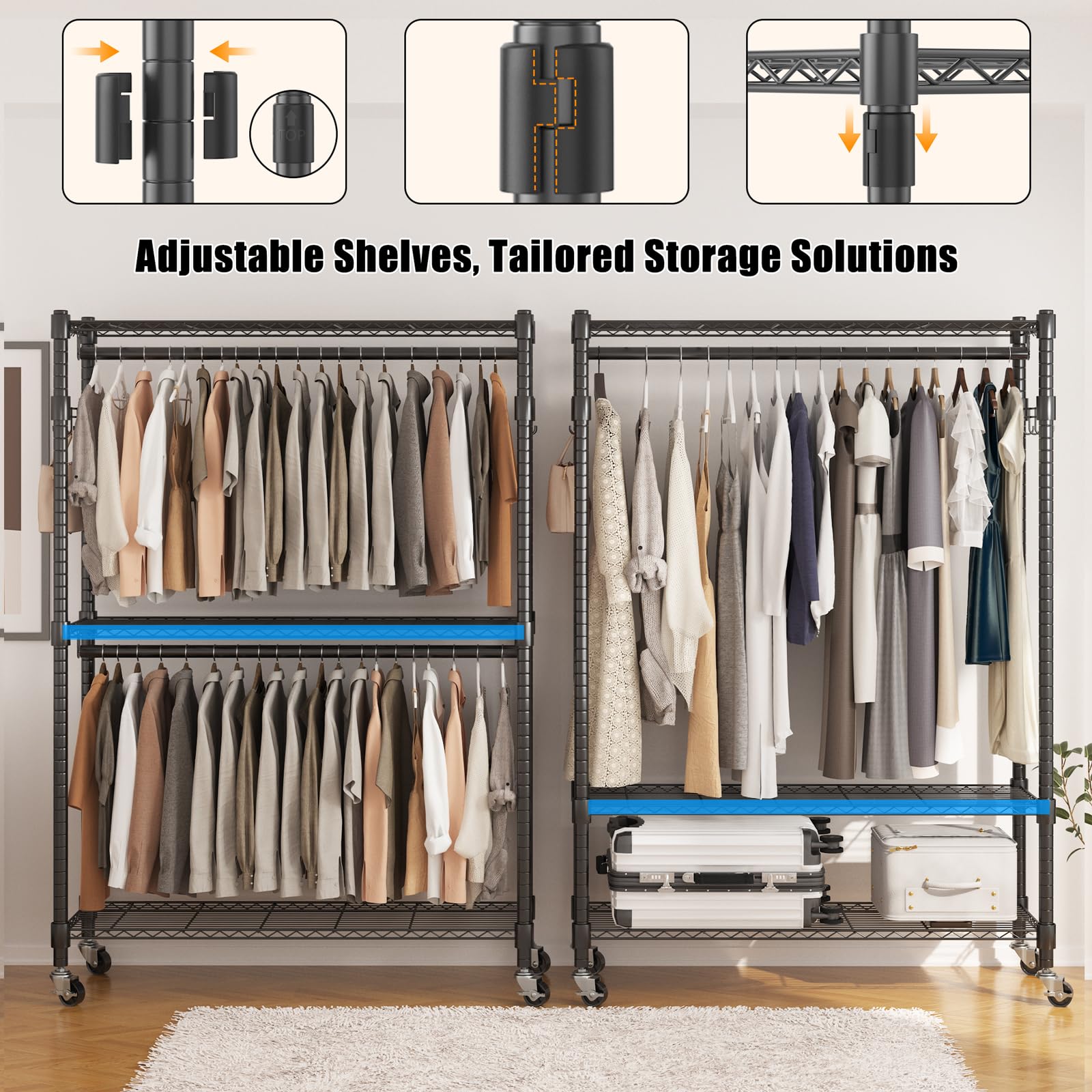 Bathwa Rolling Garment Rack Portable Closet Clothes Rack For Hanging Clothes, Metal Wardrobe Clothing Rack With Wheels And 8 Sid