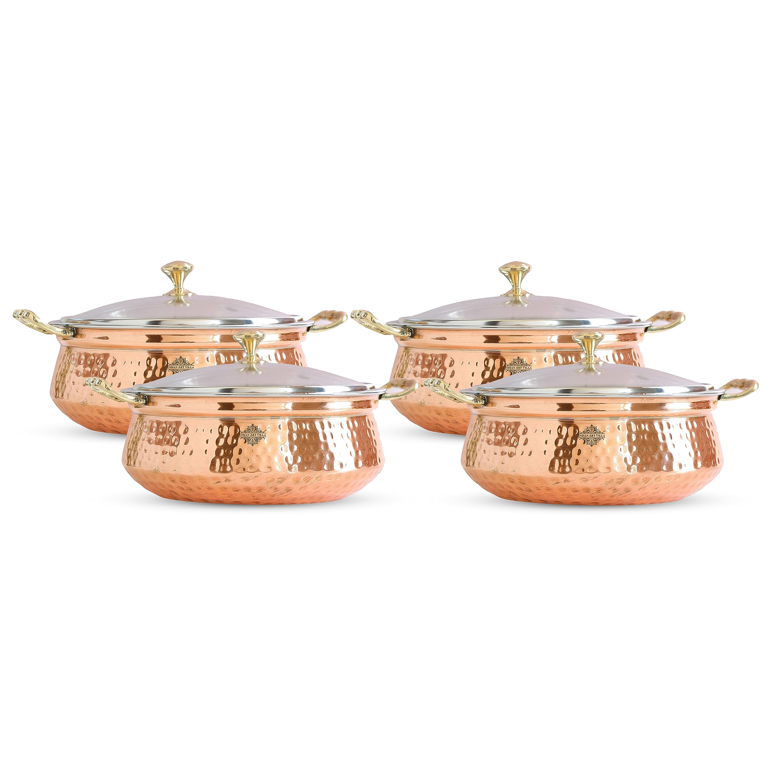 Indian Art Villa Steel Copper Hammered Design Handi/Bowl/Casserole With Toughened Glass Lid & Brass Knob & Handles, Volume-2200 