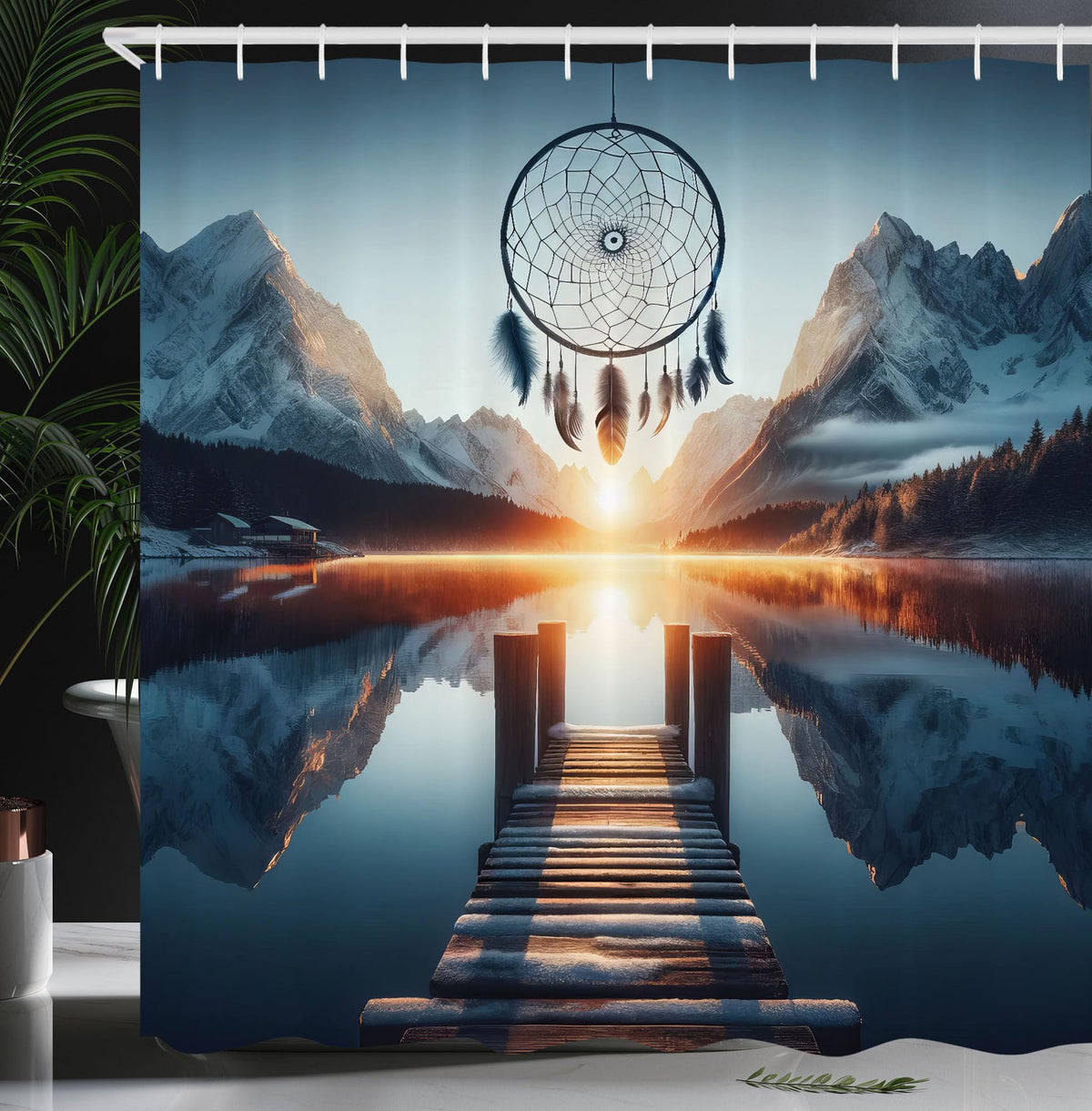 Ambesonne Lake Shower Curtain, Sunset Horizon Snowy Mountains Bohemian Dreamcatcher Peaceful View Wooden Pier, Cloth Fabric Bath