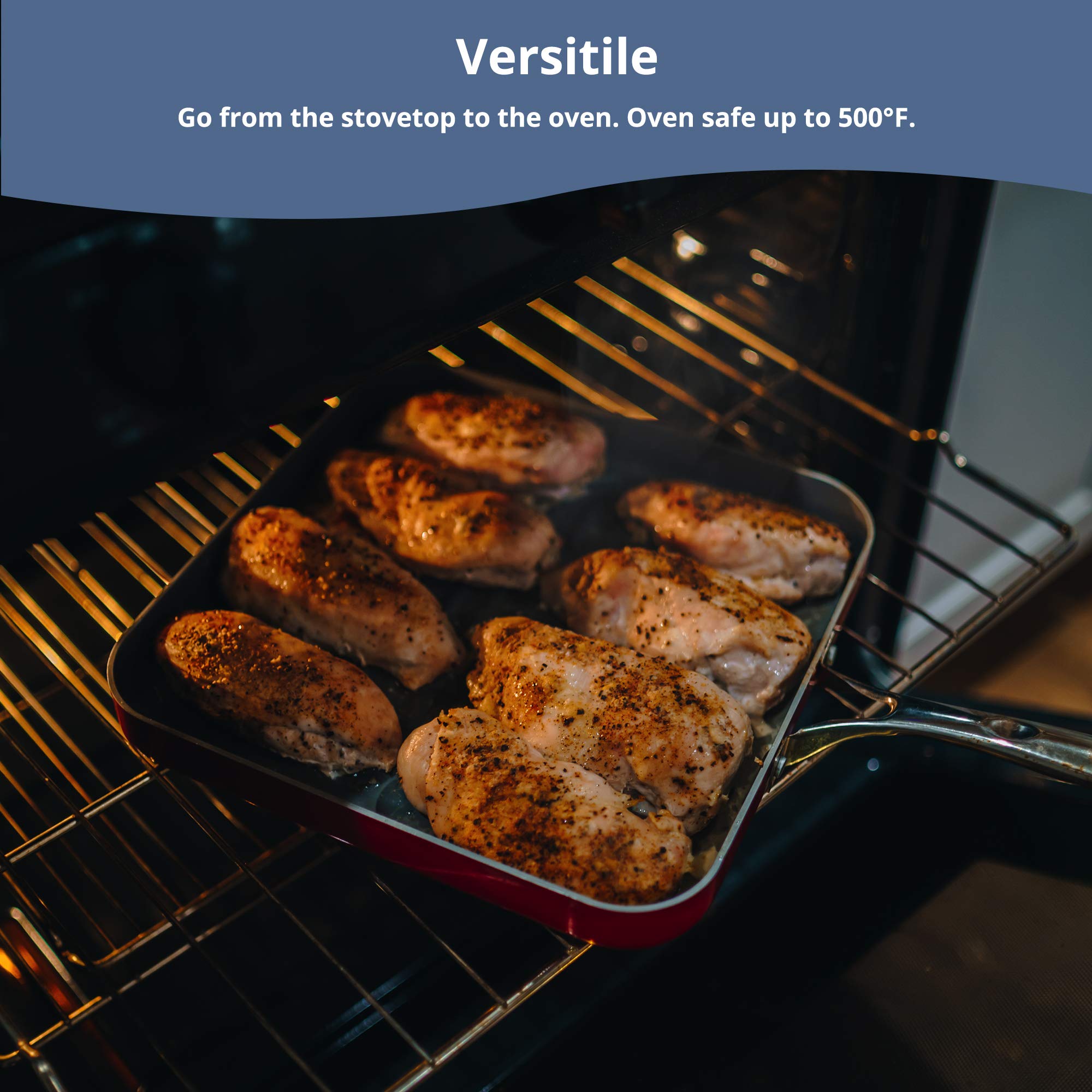 Eazy Mealz Square Non-Stick Grill Pan For Stove, Light Weight, Perfect Grill Marks, Oven Safe Up To 500 Degrees, Extra Large, 12
