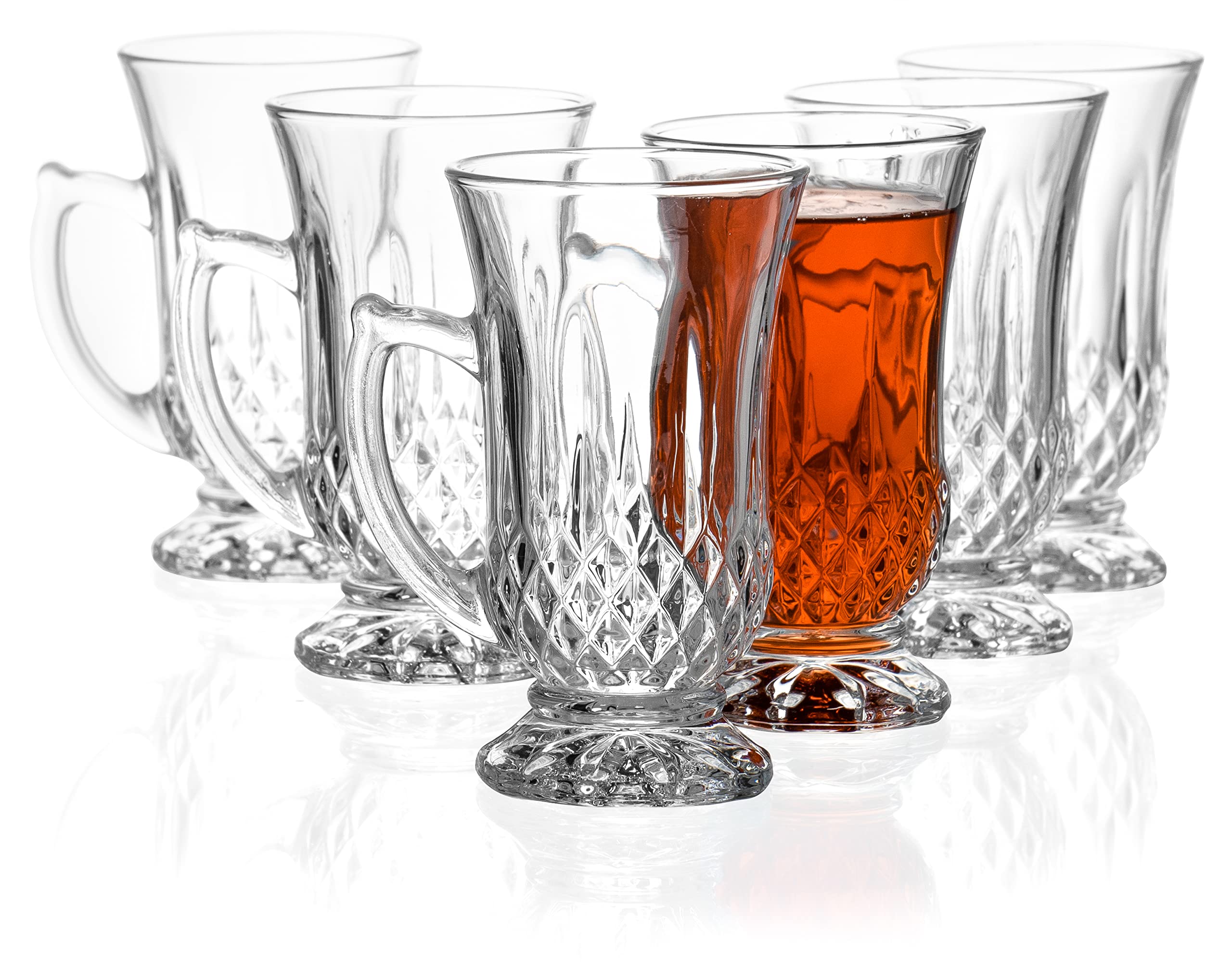 Red Co. 6-Pack Classic Clear Cut Glass 4.5 Oz Footed Turkish Tea Cups with Handles  Etched Design