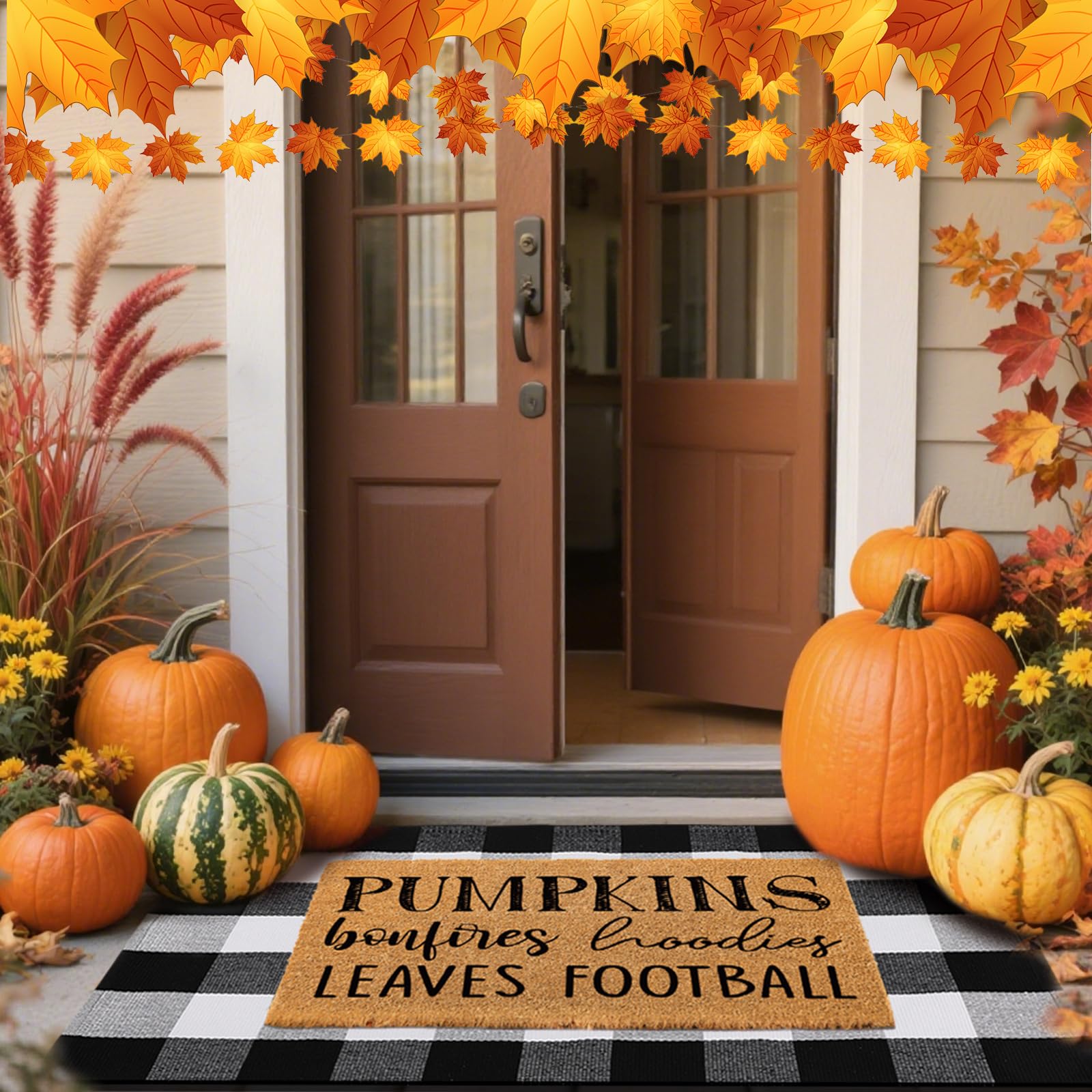 Duraaamo 2 Pcs Fall Thanksgiving Natural Coir Welcome Doormat Outdoor Pumpkins Bonfires Hoodies Football Leaves Mat Layered Buff