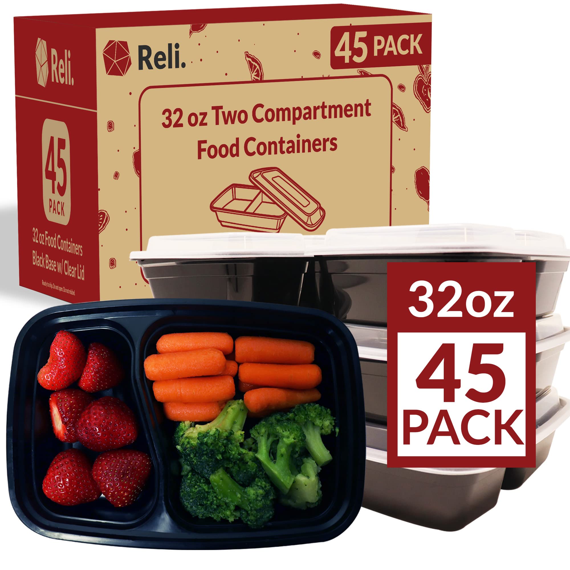 Reli. Meal Prep Containers, 32 Oz. | 45 Pack | 2 Compartment Food Container W/Lids | Microwavable Food Storage Containers/To Go