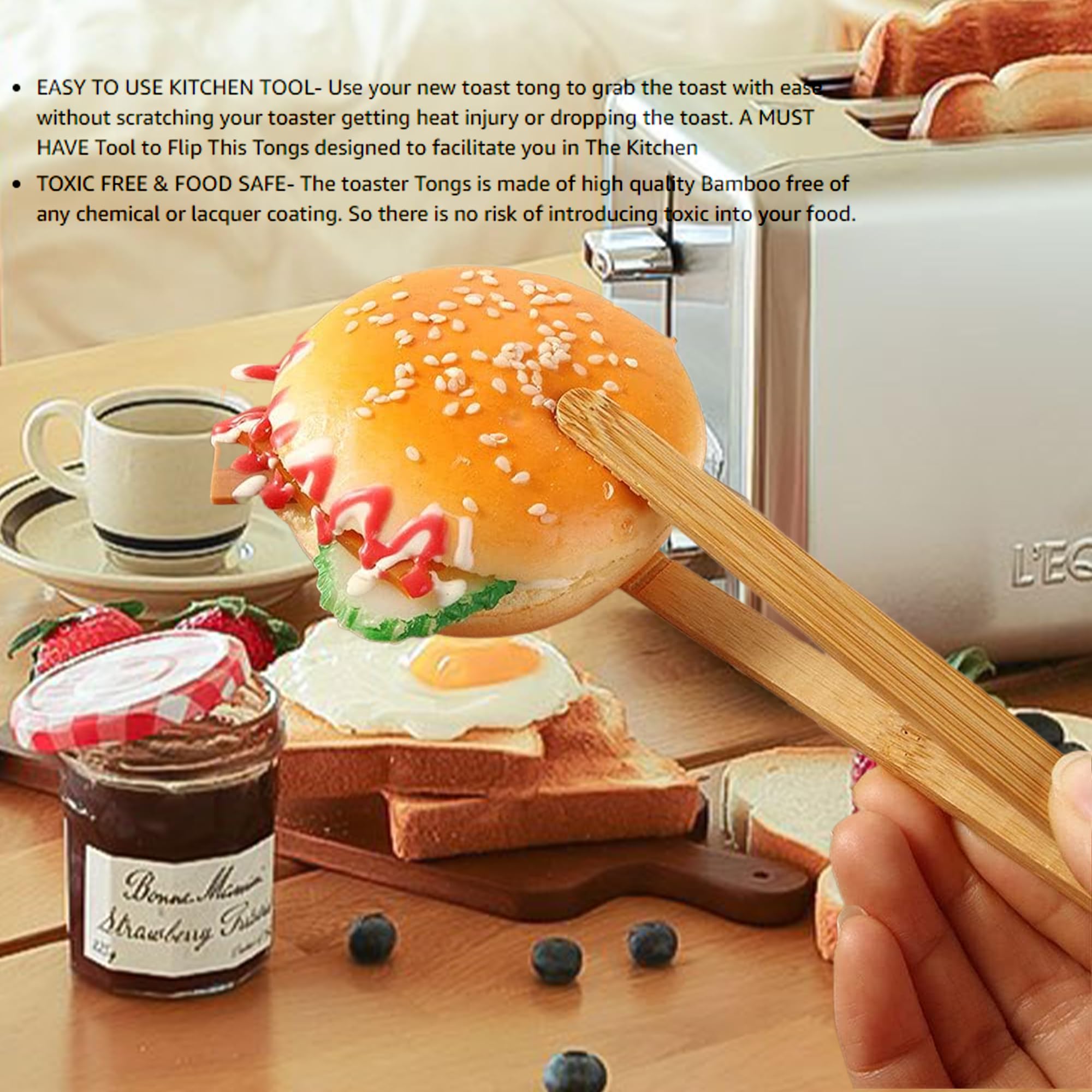 Renext Bamboo Toast Tongs Wooden Toaster Kitchen Tongs Fruit Clip For Toast Fruits Bread Pickles