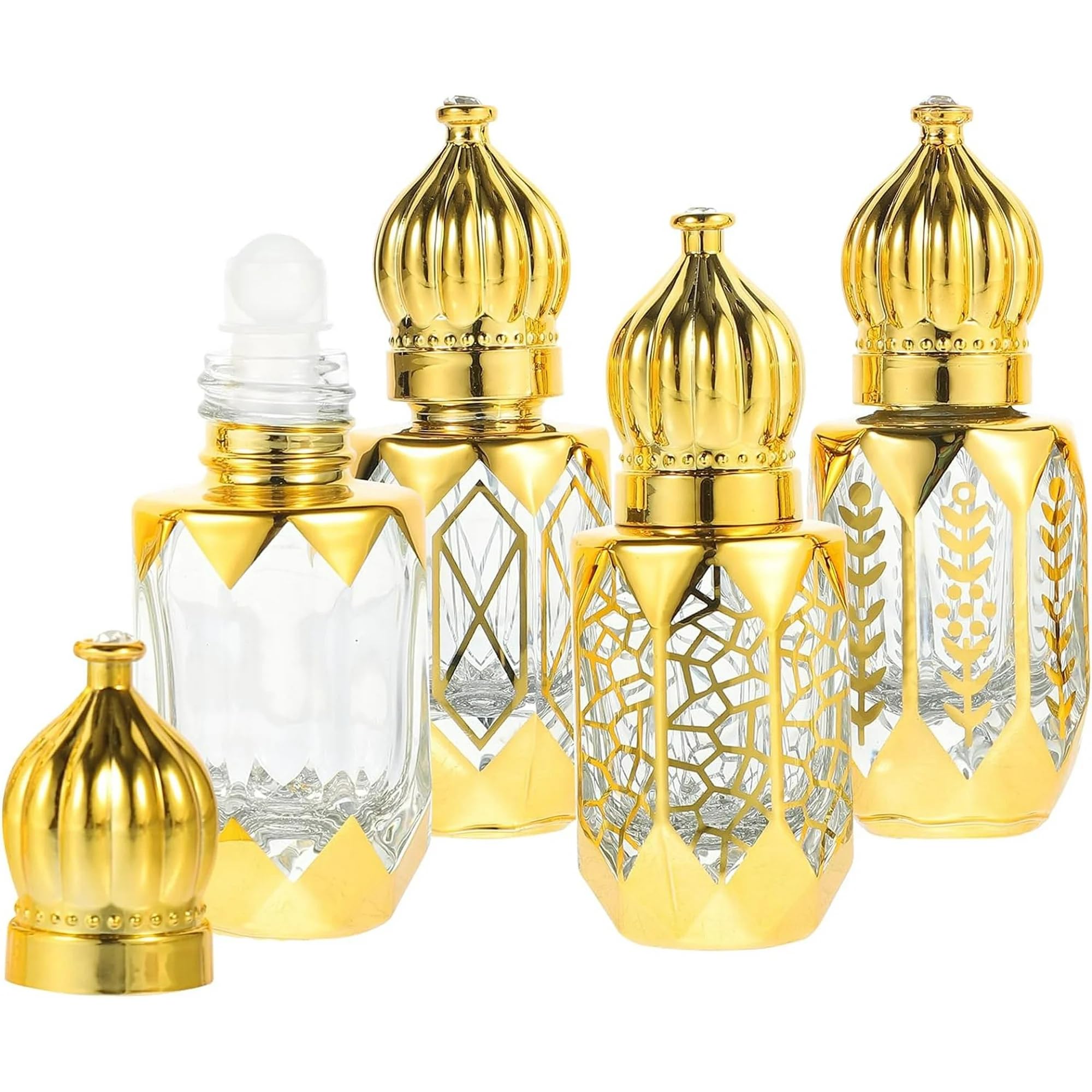 SCOLAND 4PCS Mini Arabic Crystal Glass Roller Bottles 6ml Tiny Refillable Essential Oil Roll On Bottles Gold Empty Travel Perfum