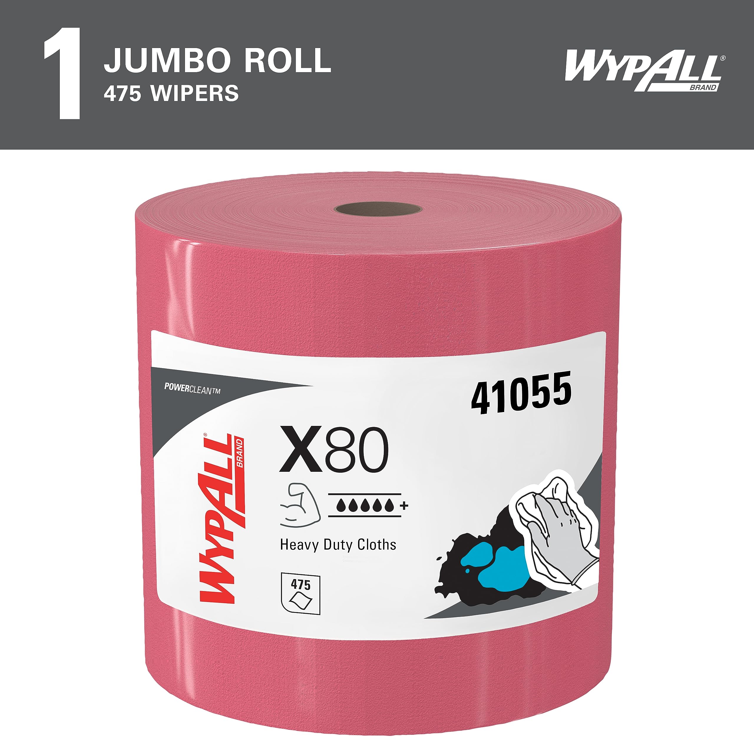 WypAll Power Clean X80 Heavy Duty Cloths (41055)  Extended Use Jumbo Roll  Red  475 Sheets / Roll  1 Roll / Case