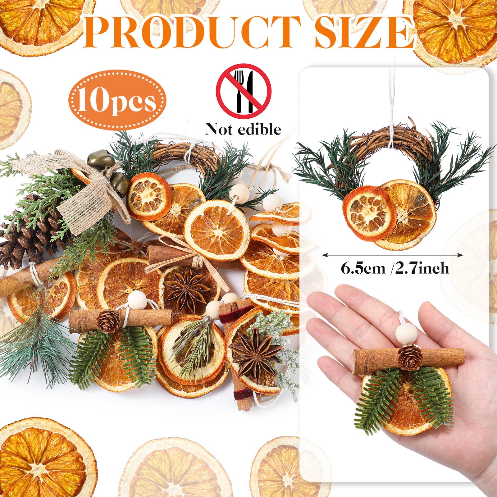 Amyhill 10 Pcs Christmas Dried Orange Slice Ornaments Handmade Rustic Christmas Tree Decorations Natural Beaded Pine Cones Cinna