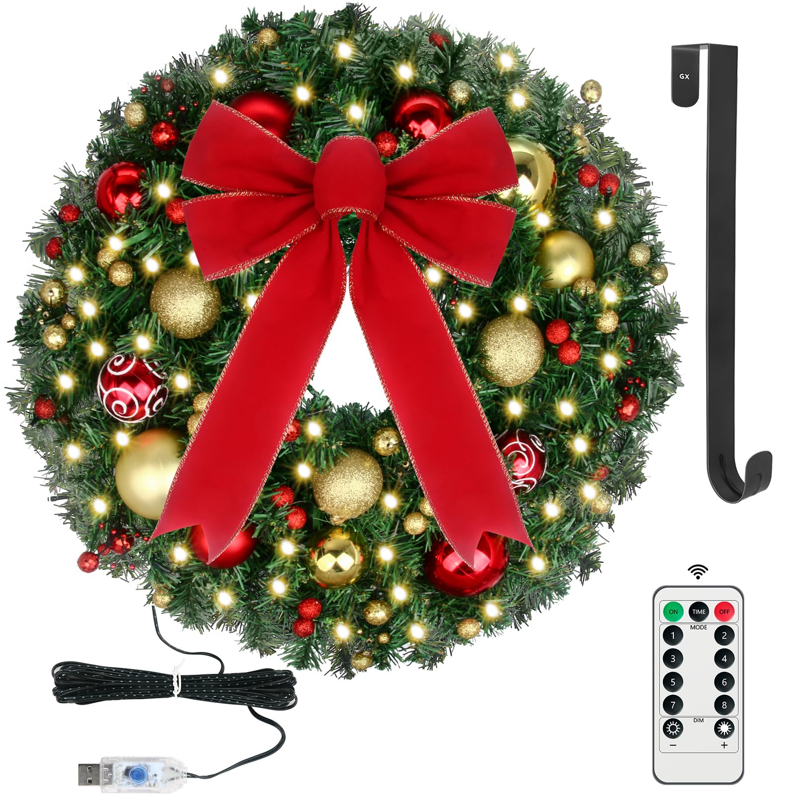 24 Prelit Christmas Wreath with Lights and Remote - Lighted Christmas Door Wreath with 50 Warm White LED, Balls Ornaments, Bowkn
