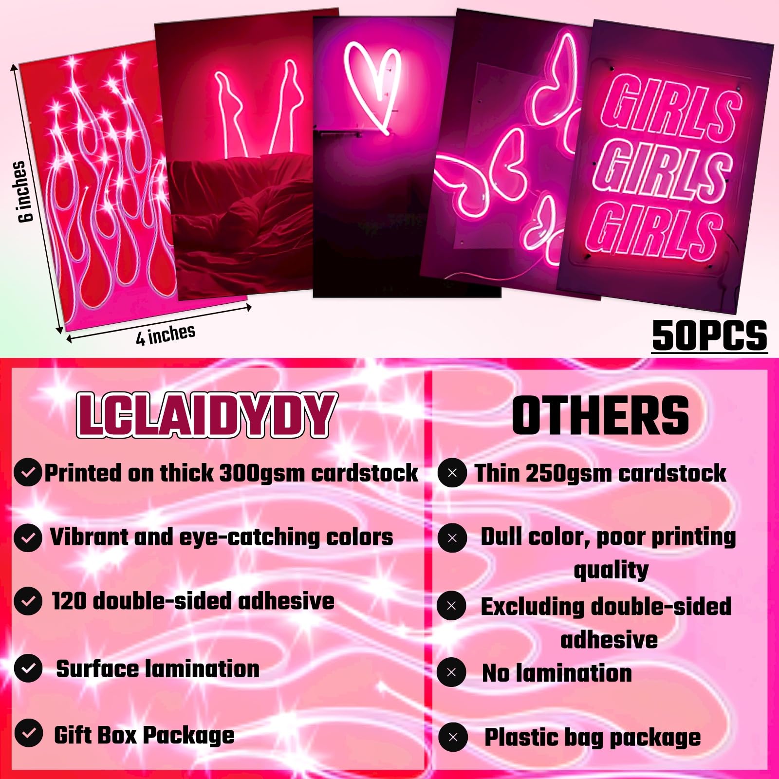 Lclaidydy 50 Pcs Wall Collage Kit Aesthetic Pictures, Pink Neon Room Decor Posters For Room Aesthetic, Dorm Photo Wall Decor For