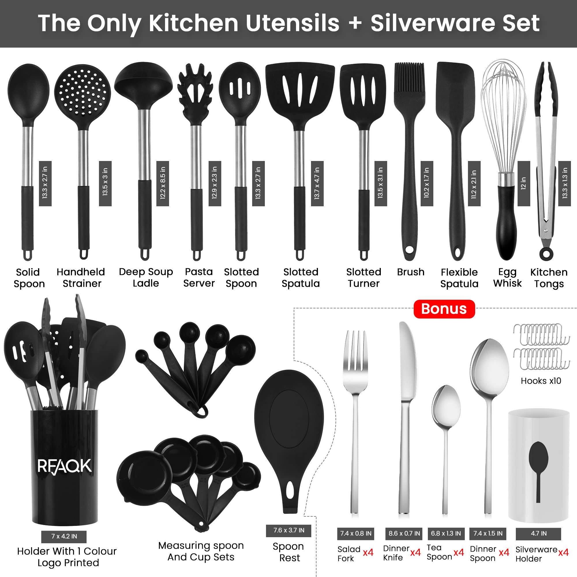 Dishwasher Safe Kitchen Utensils Set With Silverware, Rfaqk 50Pcs Silicone Cooking Utensils Set With Holder, Nonstick & Heat Res