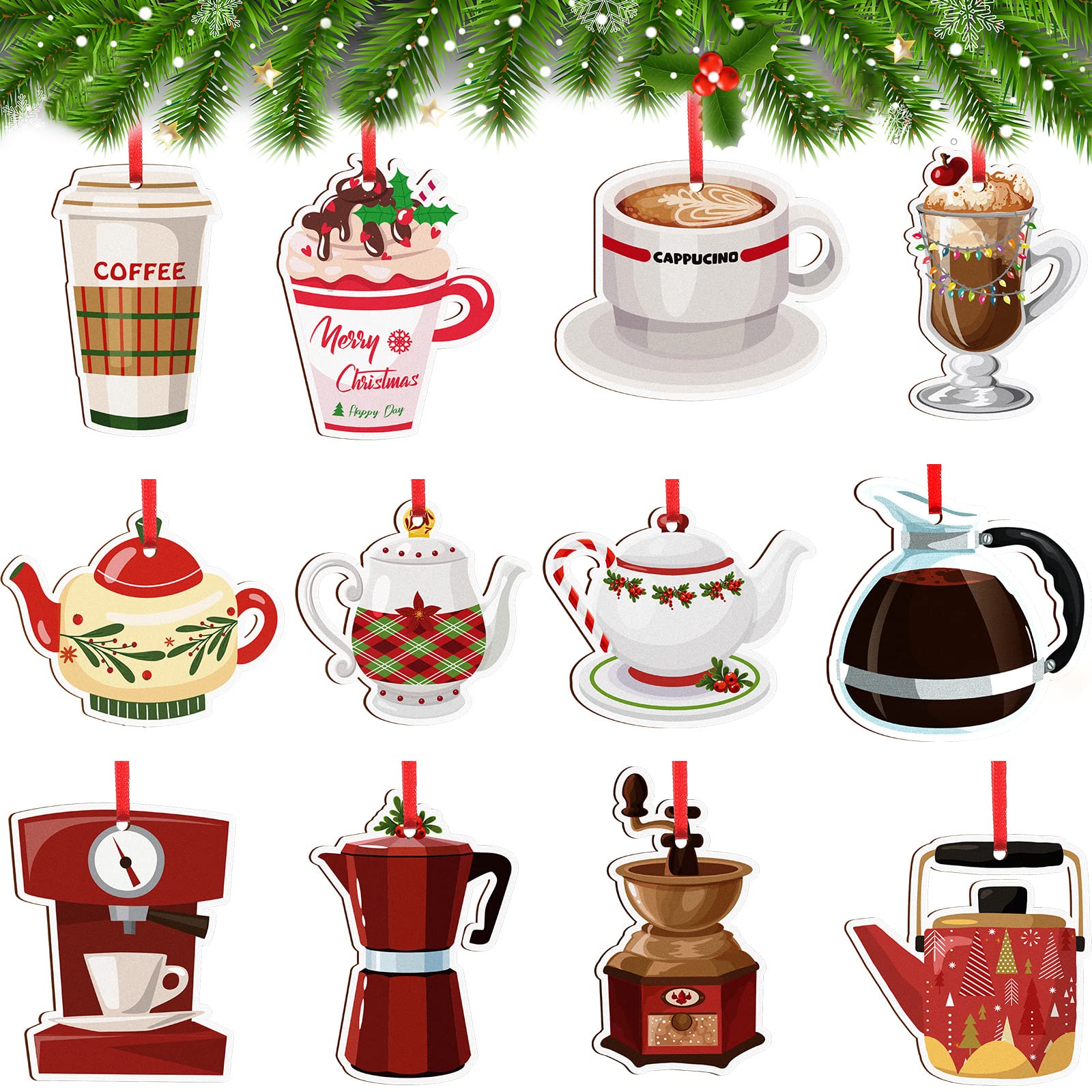 12 Pieces Christmas Coffee Cup and Tea Hanging Wood Cutouts Decoration Ornament for Xmas Tree Party Holiday Home Decor (Cups Sty