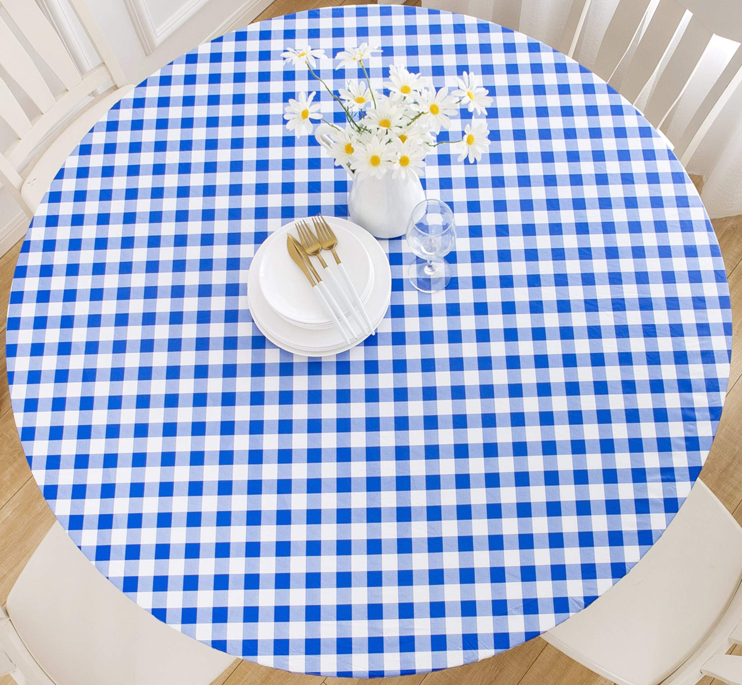 Rally Home Goods Indoor Outdoor Patio Round Fitted Vinyl Tablecloth, Flannel Backing, Elastic Edge, Waterproof Wipeable Cover, B