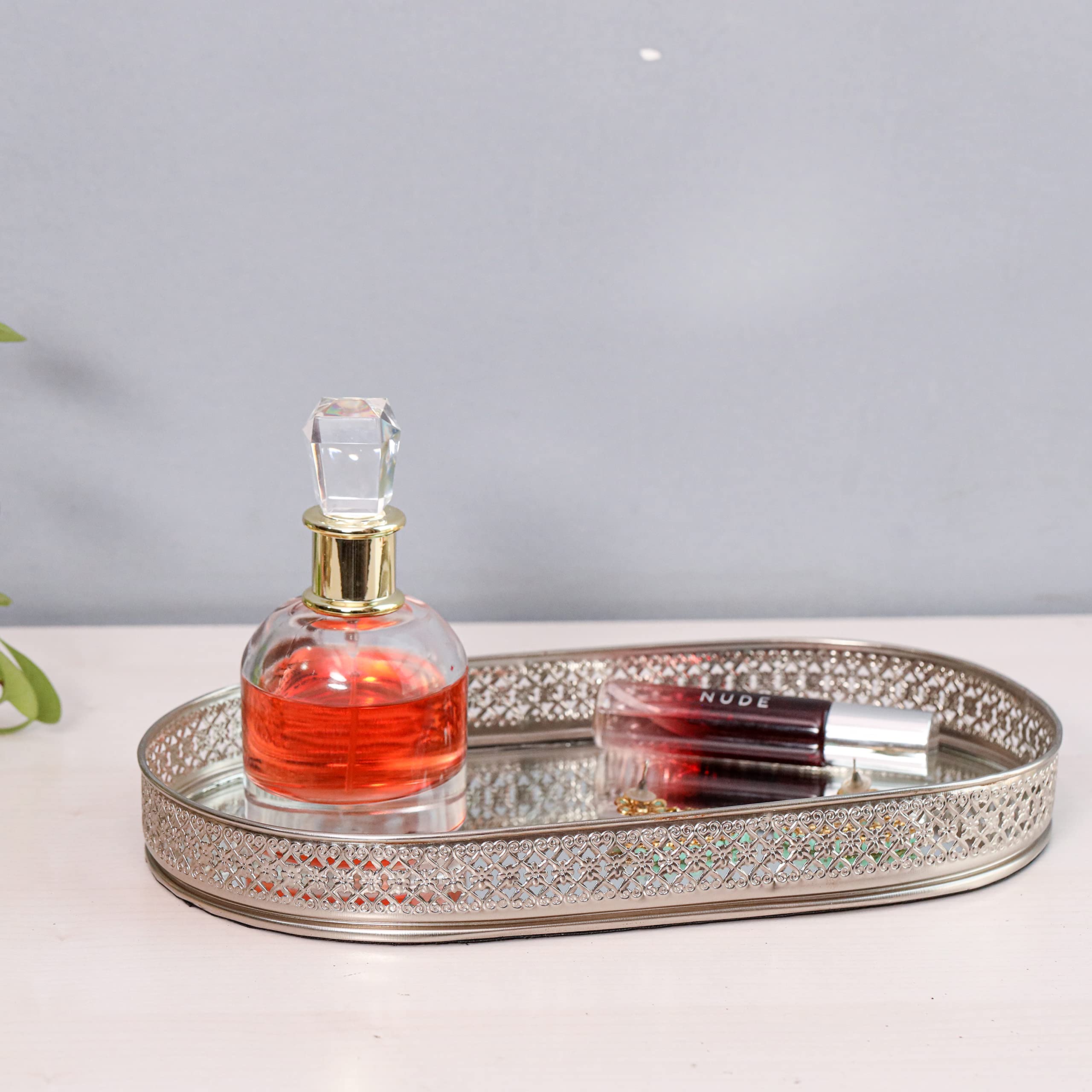 Craft Brio A Trendy Handicrafts Oval Glass Mirror Silver Plated Tray Decorative Vanity Perfume Storage Pooja Wedding Gifting Me