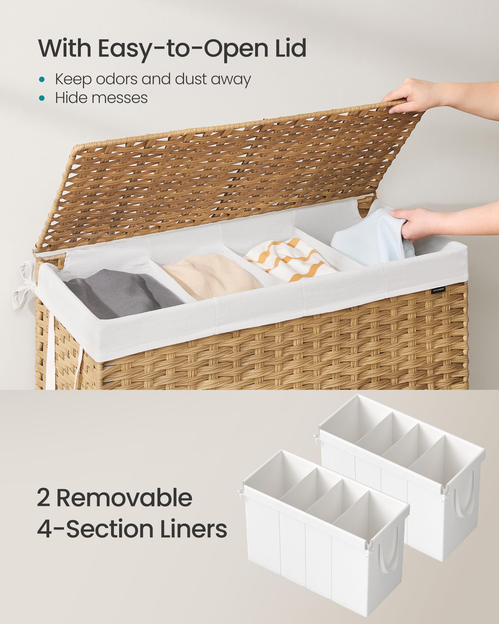 Songmics Laundry Hamper With Lid, 200 L Clothes Hamper With 2 Removable Liner Bags, 6 Mesh Bags, Wicker Laundry Basket, Double L