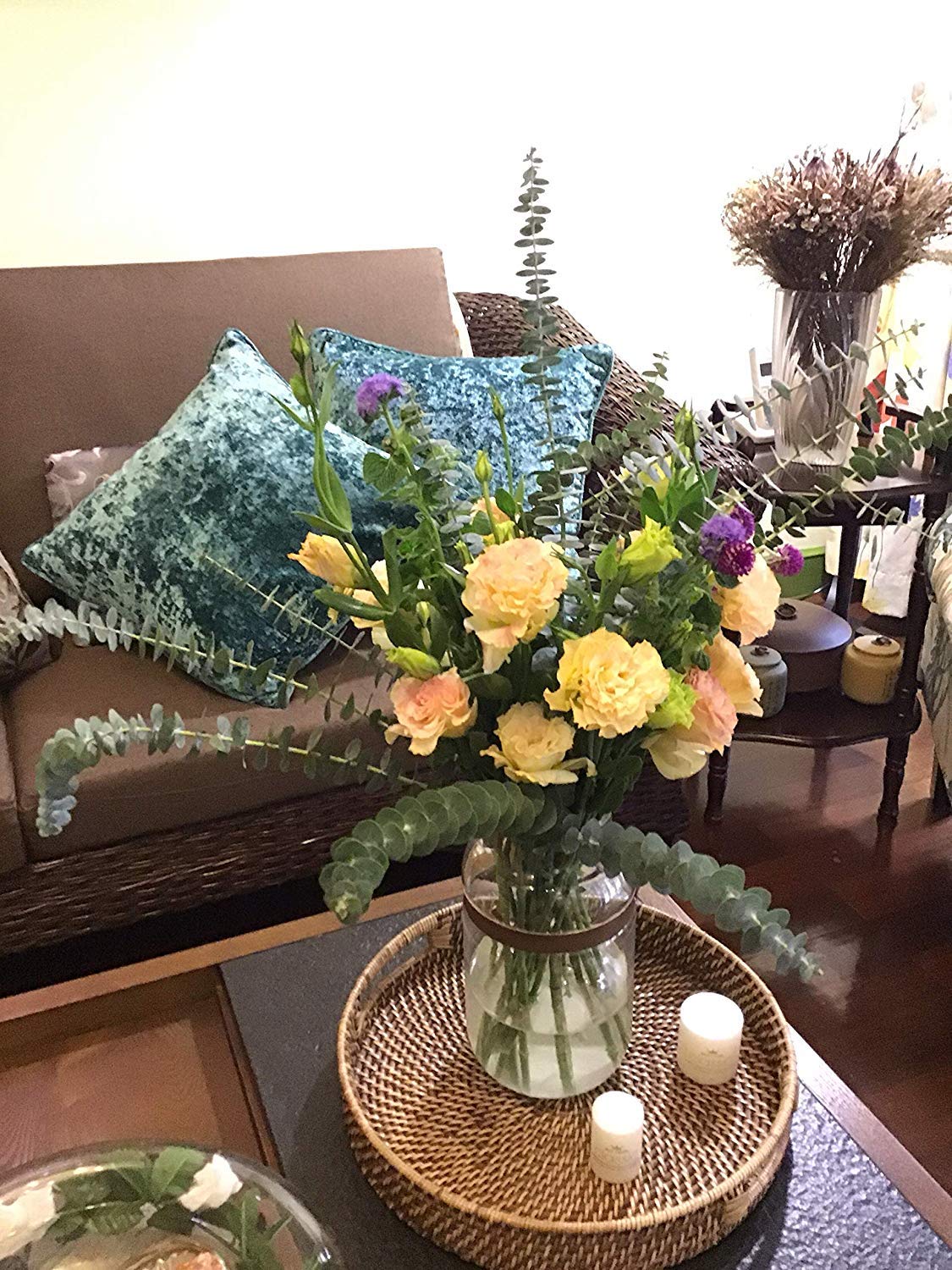 13.8 Inch Rattan Tray, Round Wicker Tray With Cut-Out Handles, Woven Serving Tray For Dining / Coffee Table