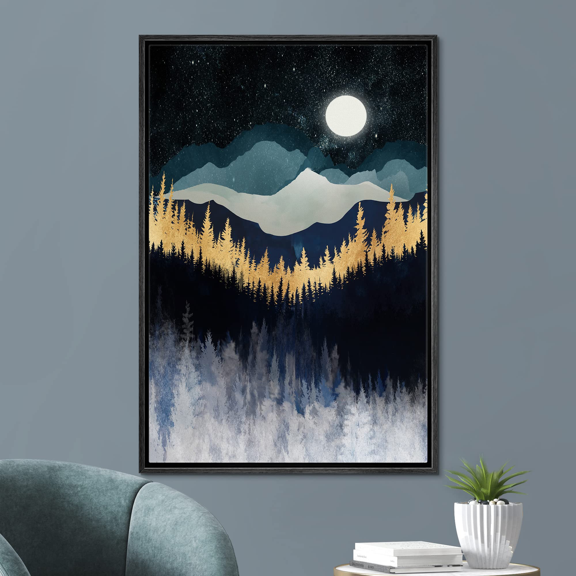 Signford Framed Canvas Print Wall Art Moonlight Sky Blue Gold Mountain Forest Nature Wilderness Illustrations Modern Art Decorat