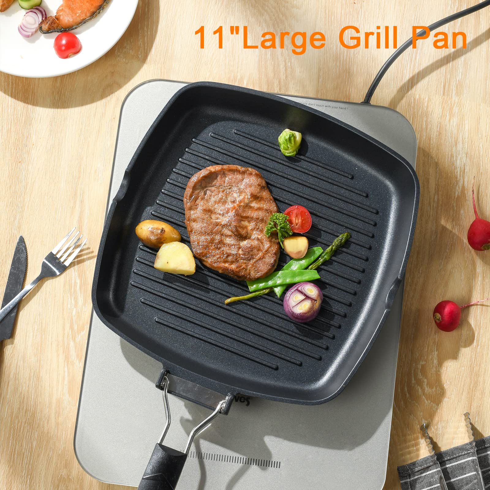 Skitchn Grill Pan With Folding Handle, Nonstick Grill Pan For Stove Tops, Induction Compatible Kbbq Grill Pan With Pour Spouts,