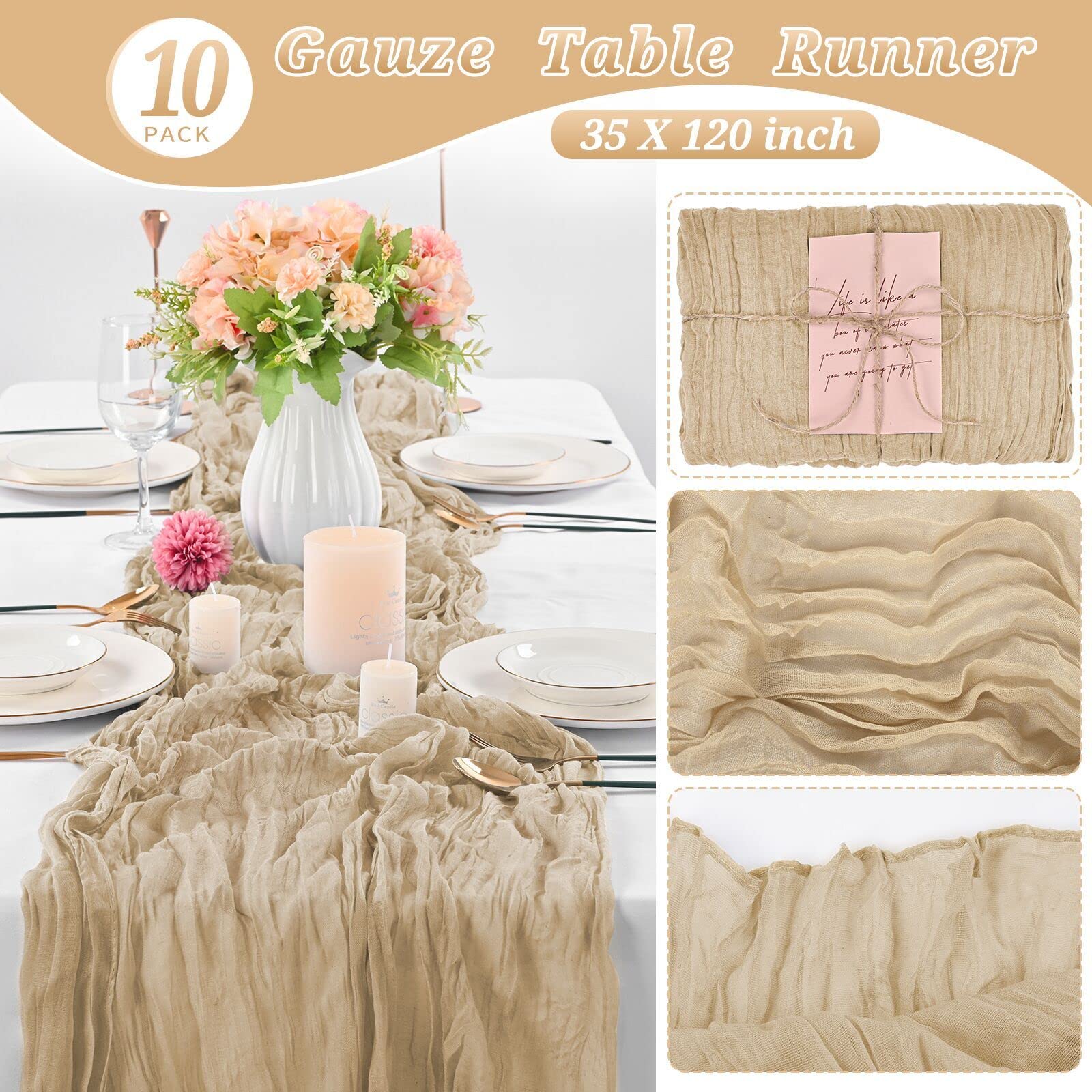 10 Pcs Beige Cheesecloth Table Runner 10Ft, Gauze Table Runner For Wedding Reception Sheer Bridal Shower Birthday Party Boho Tab