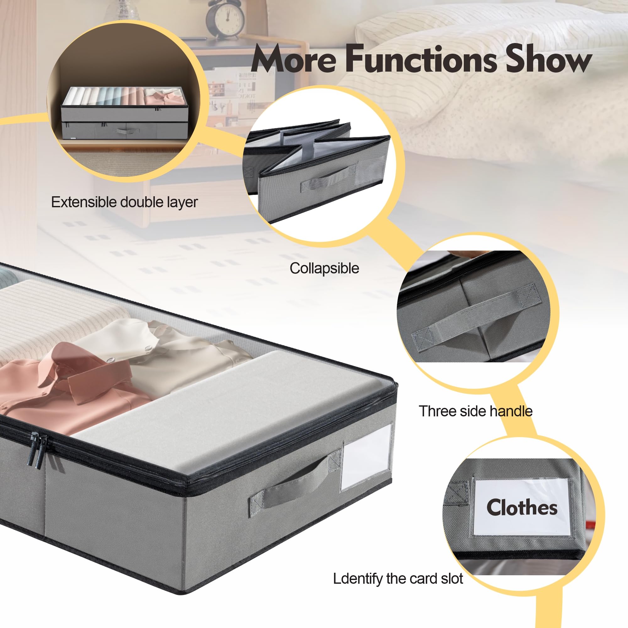 Supowin Large Under Bed Storage Containers, 2-Pack Double Layer Underbed Storage Bins with 3 Handles, 70L Extensible/Closed Clot