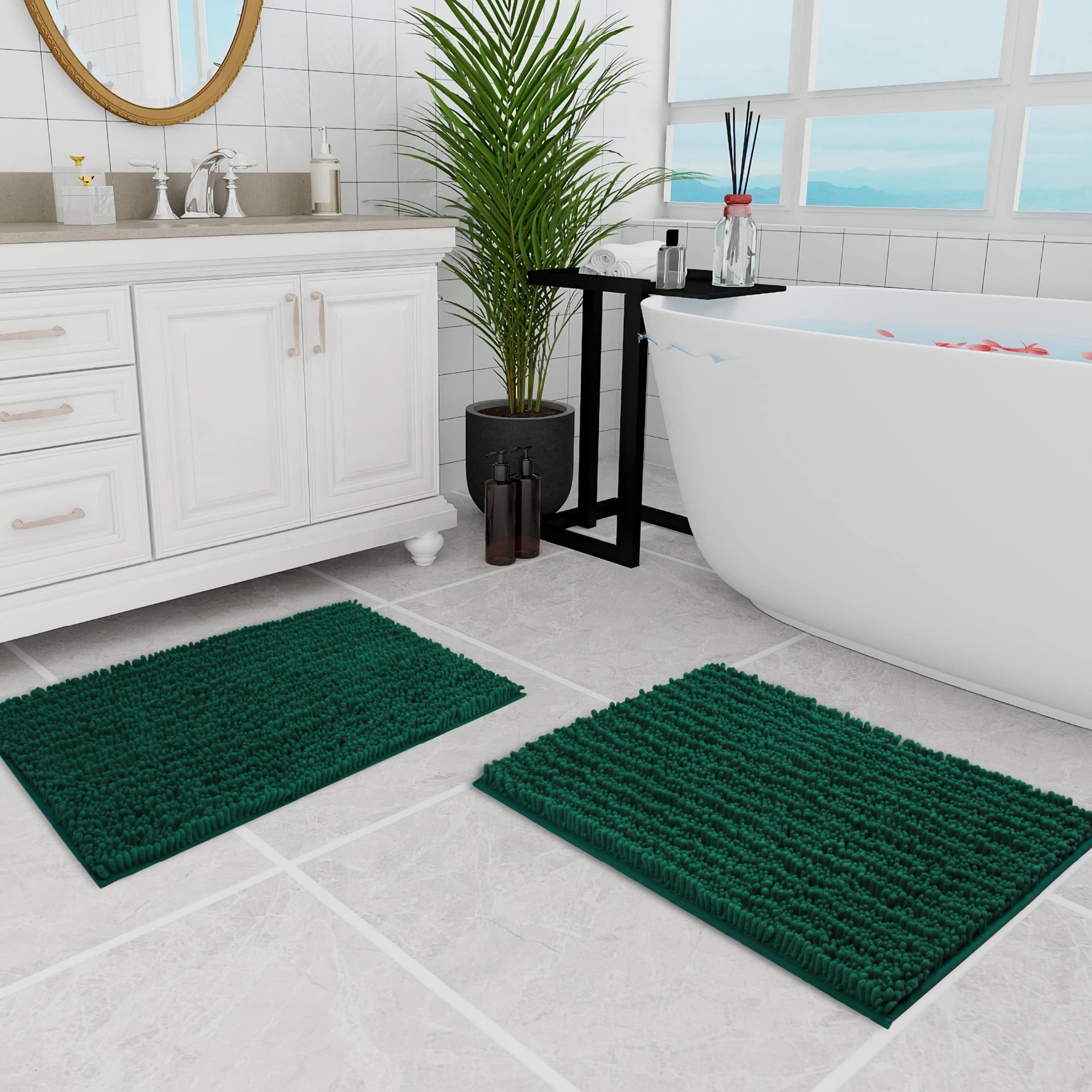 Walensee Bathroom Rug 2 Pieces Set Non Slip Bath Mat (20''X32'' Plus 20''X32'' Hunter Green) Water Absorbent Super Soft Shaggy C