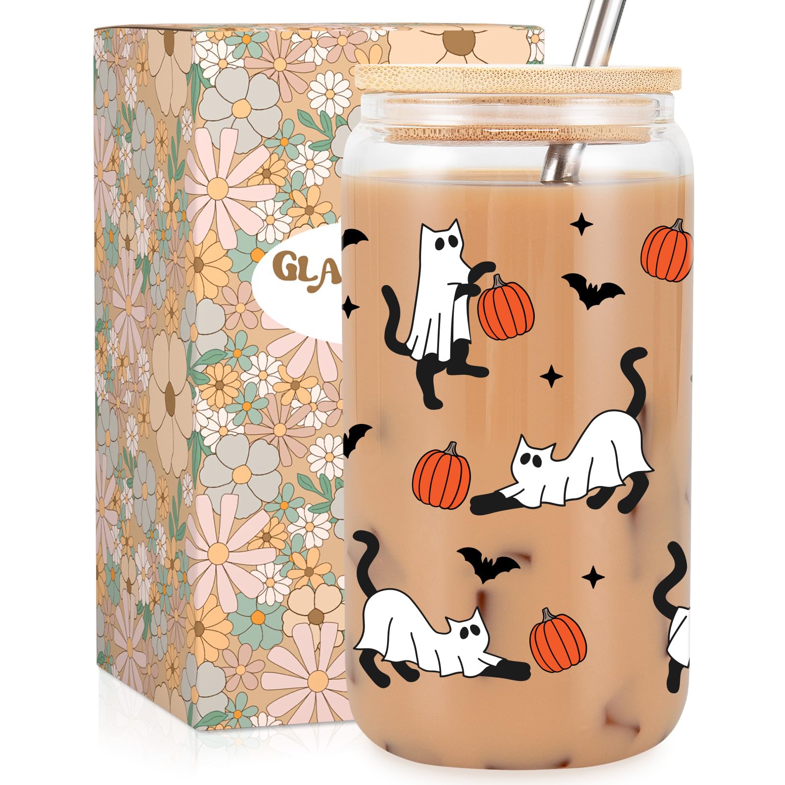 Fairy'S Gift Halloween Ghost Cat Iced Coffee Cup, Halloween Cat Pumpkin Glass Tumbler, 16 Oz Halloween Glass Cup With Lid Straw,