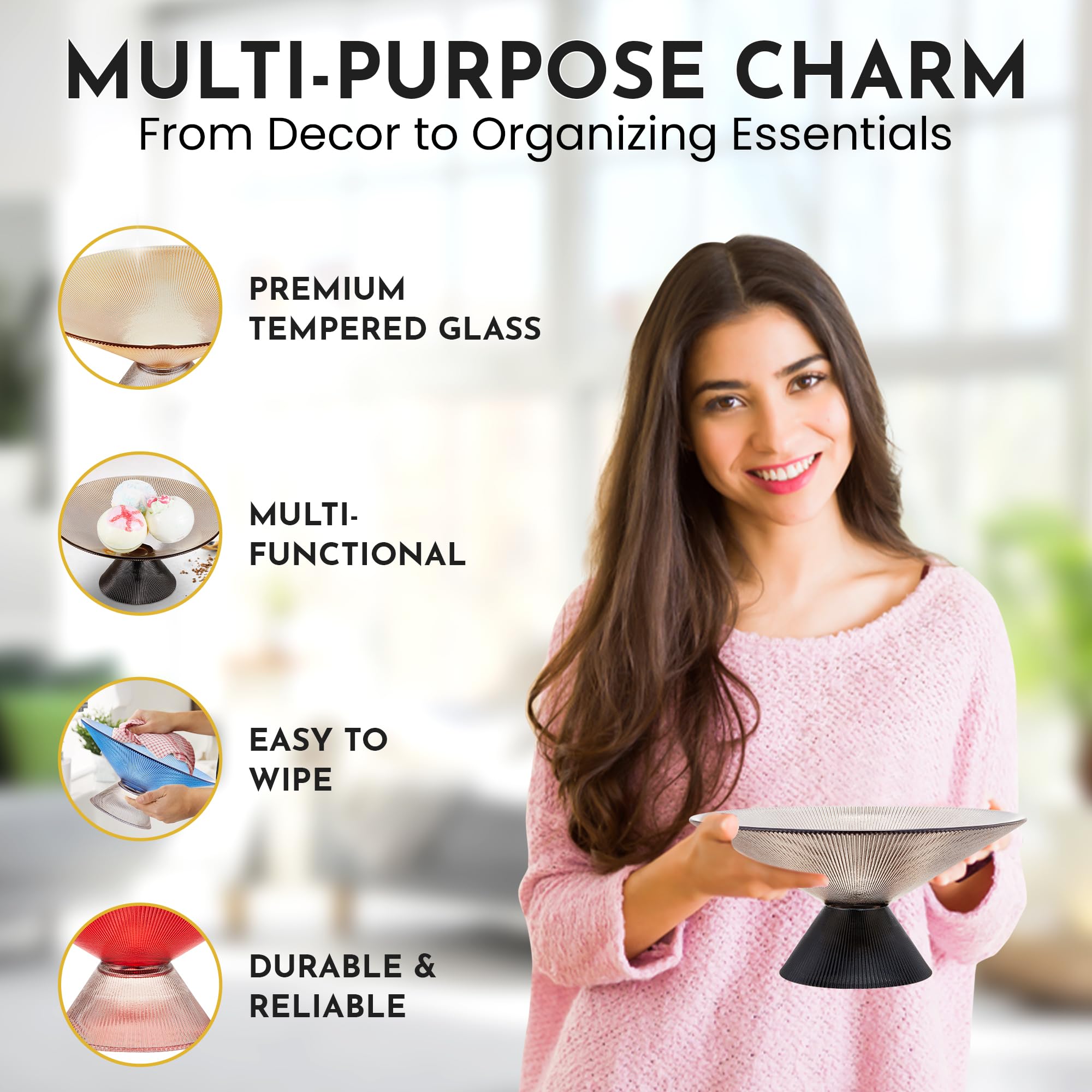 SPRINGBOW Fruit Bowl - 10    Gray Decorative Bowl with Ripple and Pedestal - Purse bowl, Decorative Bowls for Home D  cor, Glass