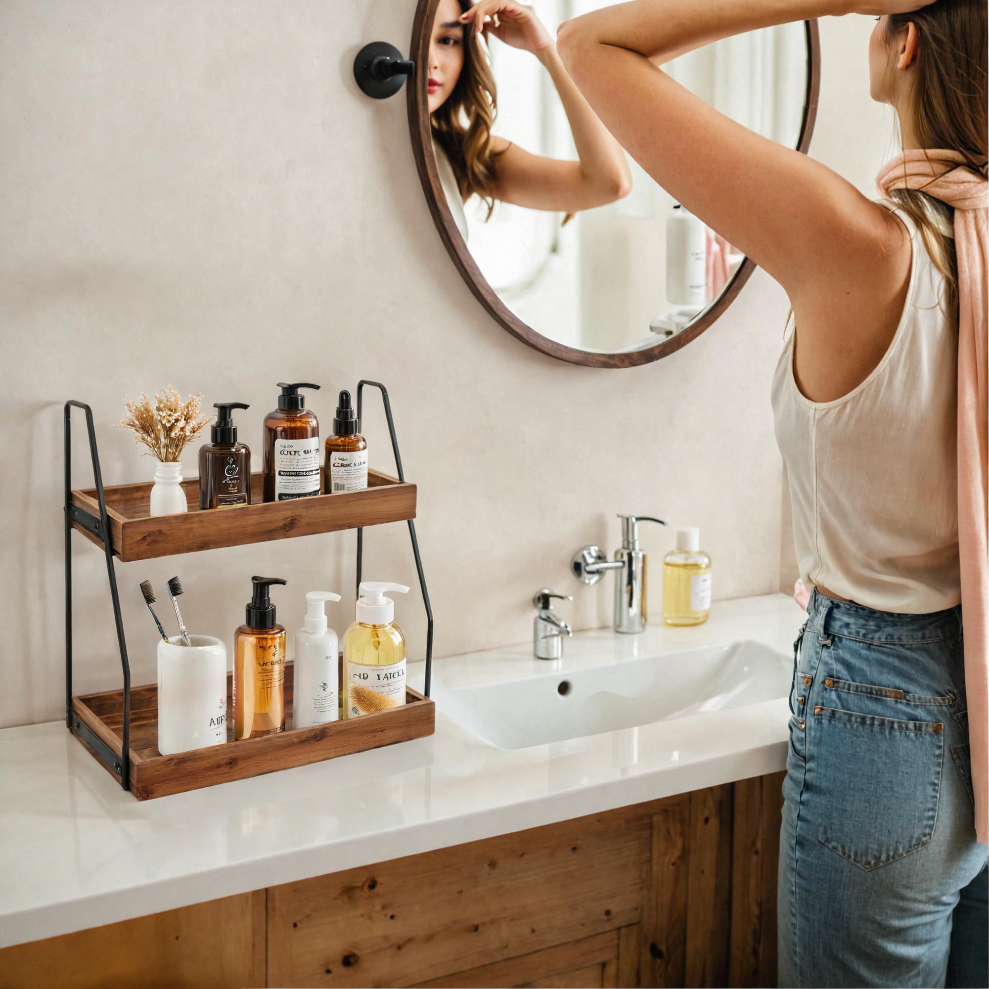 Acacia Bathroom Organizer Countertop 13.6 X 14 X 6.7 Inches, 2-Tier Wood Counter Standing Rack, Countertop Storage Shelf For Org