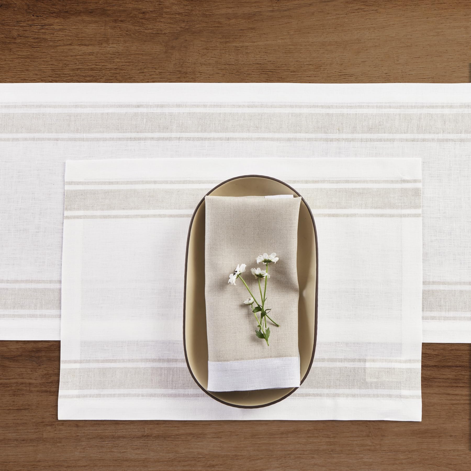 Solino Home Stripe Linen Placemats 19'' L X 14'' W Inch - 100% Pure Linen Farmhouse Stripe White And Natural Cloth Placemats Set