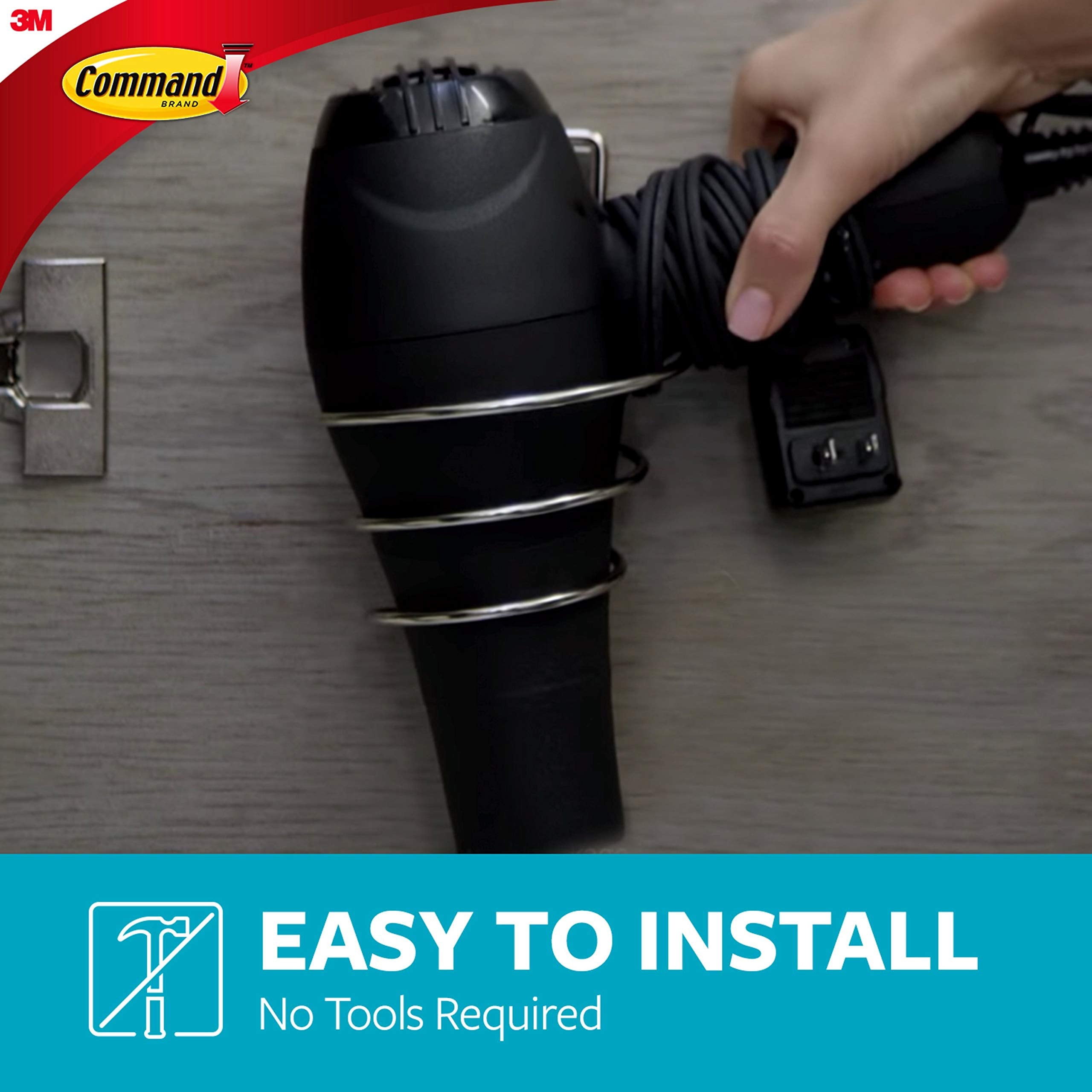 Command Bath Adhesive, 3 Lb Capacity, Bath39-Sn-Es Hair Dryer, Satin Nickel, 1-Holder, 2-Water-Resistant Strips, Organize Damage