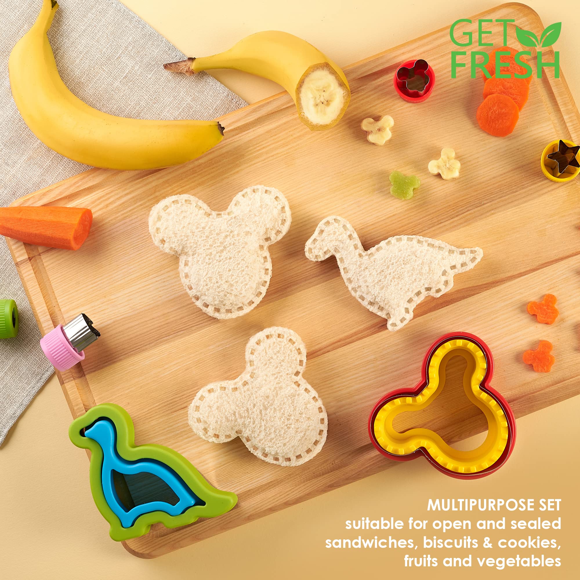 Get Fresh Sandwich Cutters And Sealers For Children - 17-Pcs Stainless Steel Sandwich Sealers And Veggie Cutters For Kids - Dino