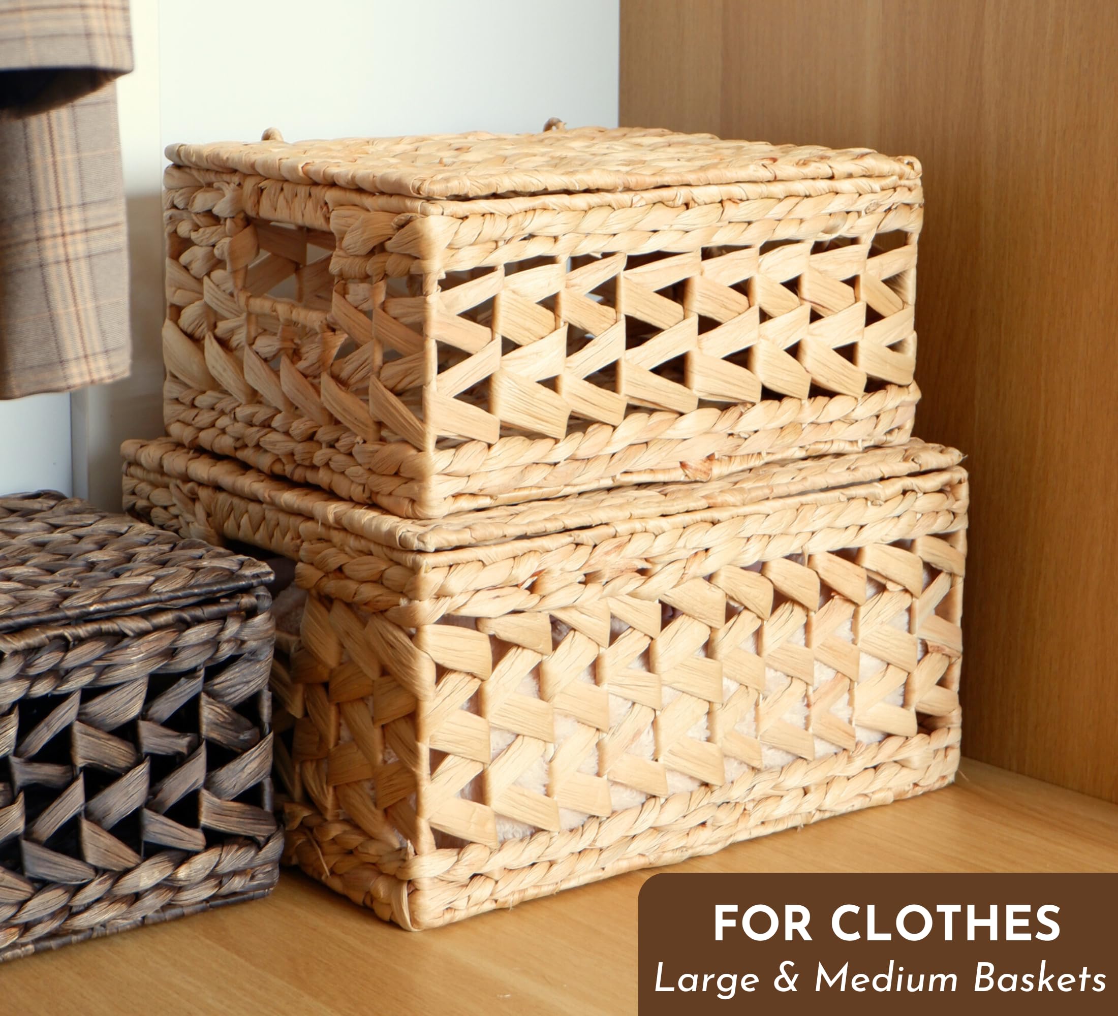 Chi An Home 14 Inch Wicker Storage Baskets With Lids, Set Of 3 Rattan Lidded Hyacinth Baskets For Organizing, Woven Large Rectan