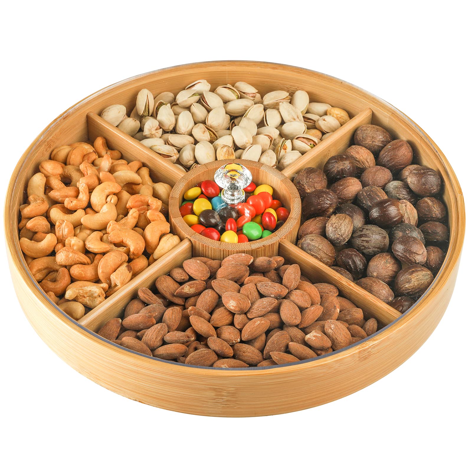 Hedume Bamboo Nuts Storage Platter Tray, Food Serving Tray With 5 Dining Grids, 12 Inches Dessert Fruit Veggie Food Serve Plate