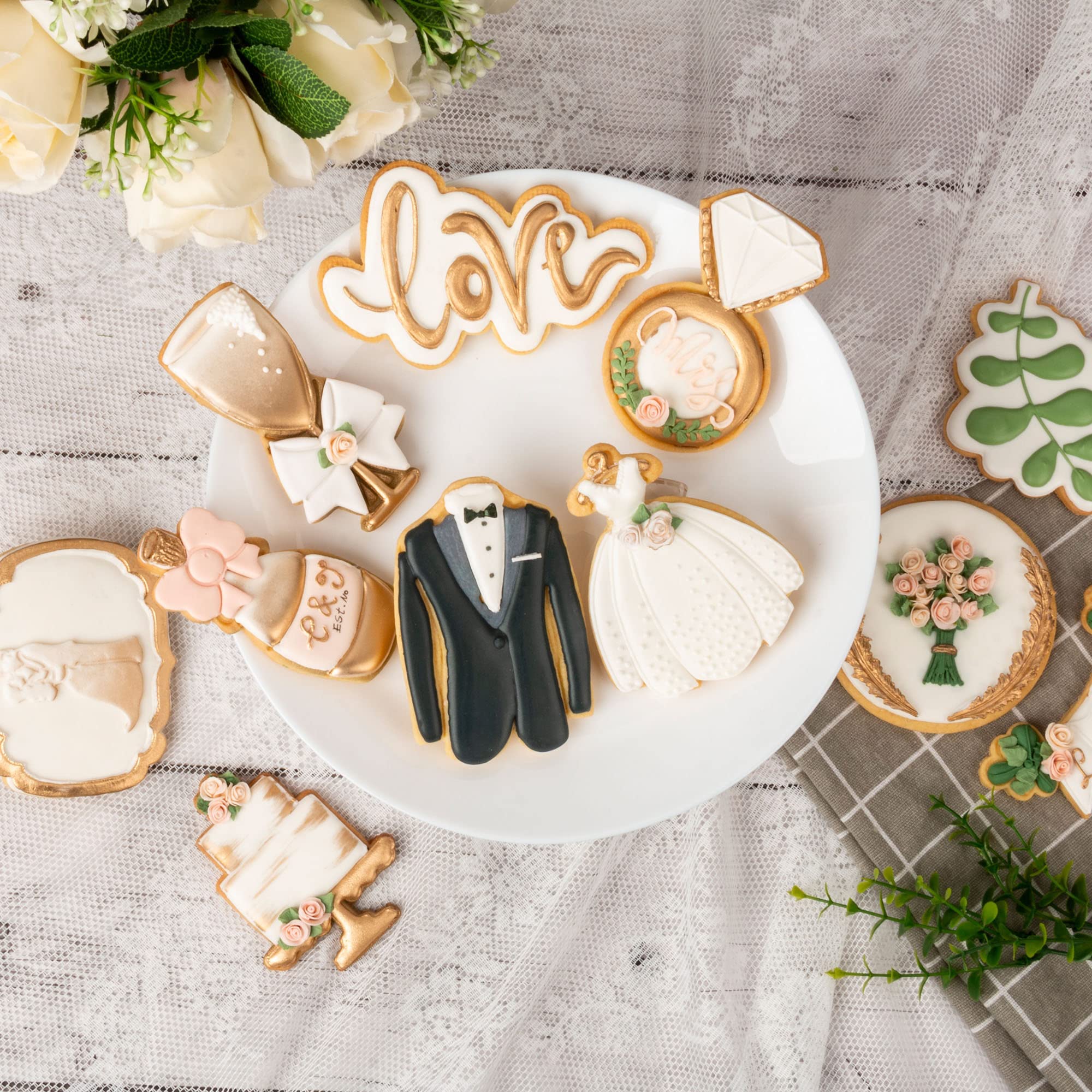 Flycalf Love Cookie Cutters Set Of 11 With 3D Stamper Pla Kitchen Cake Wedding Dress Love Ring Shapes For Kids 3'' Baking Emboss